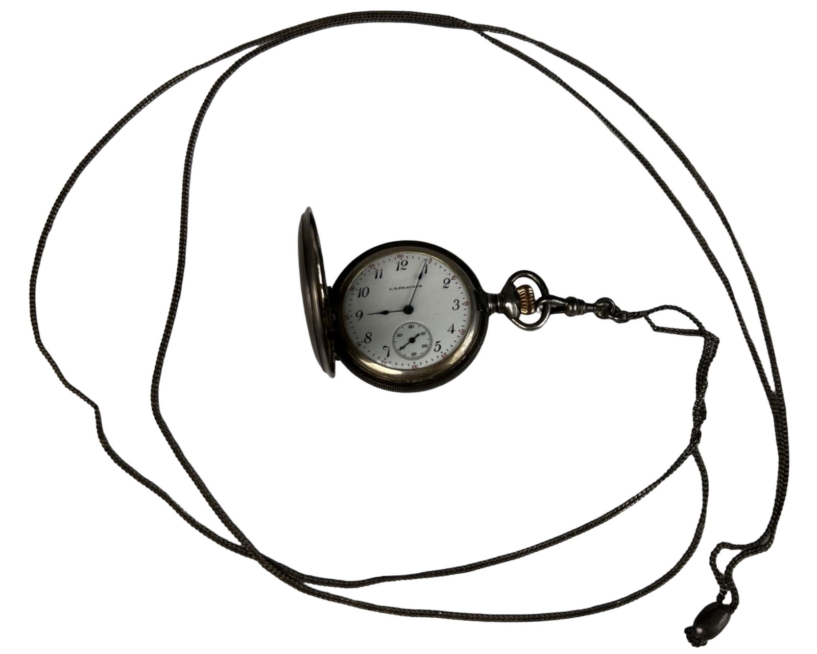 Antique Elgin Sterling Silver Pocket Watch: Antique Elgin Sterling Silver Pocket Watch with C.D. Peacock Dial on Sterling Chain. Normal age related wear, working.