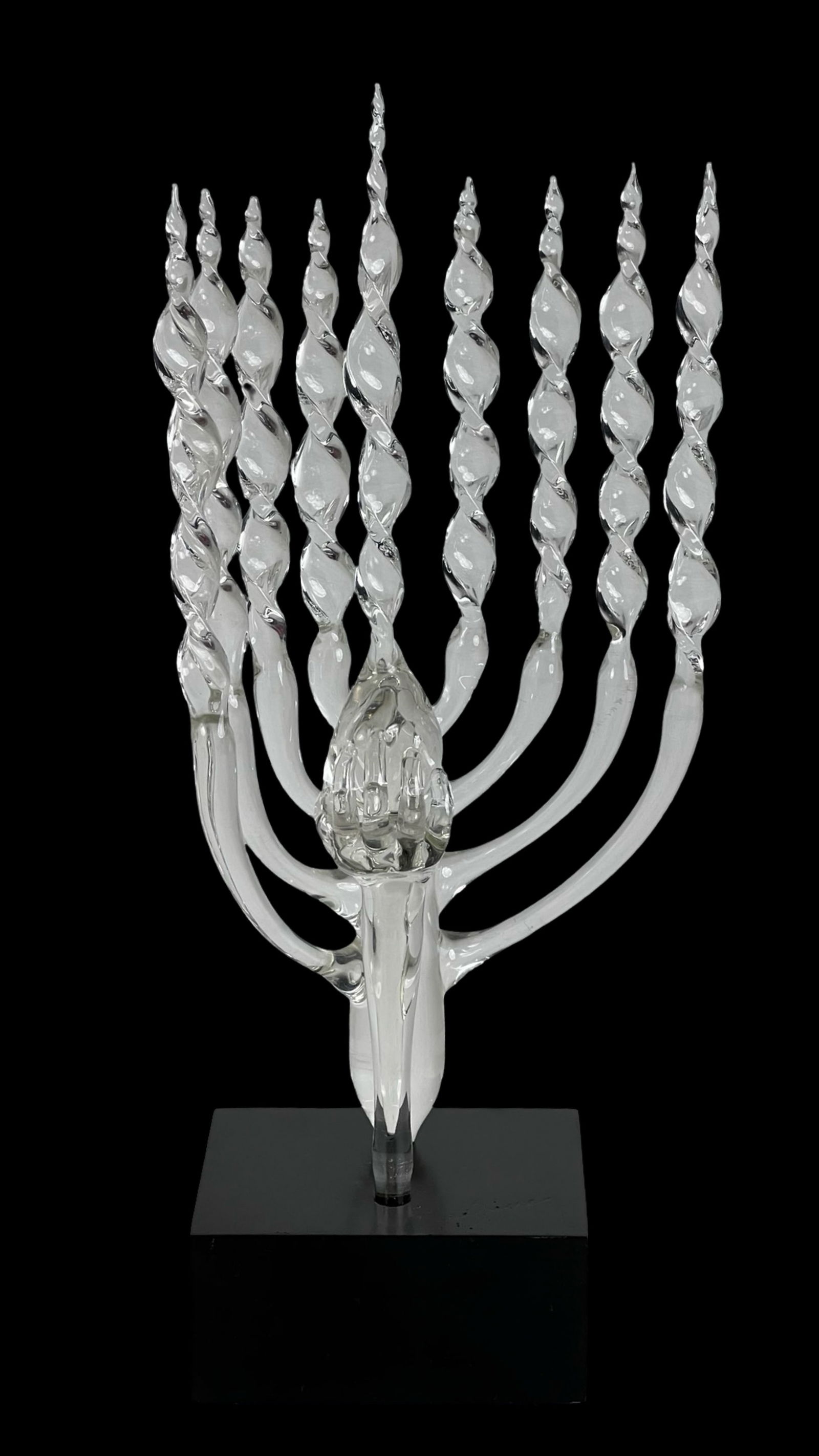 Pierre Marie LeJeune Art Glass Menorah Sculpture: Striking studio art glass menorah sculpture by Pierre Marie LeJeune, executed in a bold modernist design. This sculptural example features nine twisting, spiral-formed candle arms rising from a