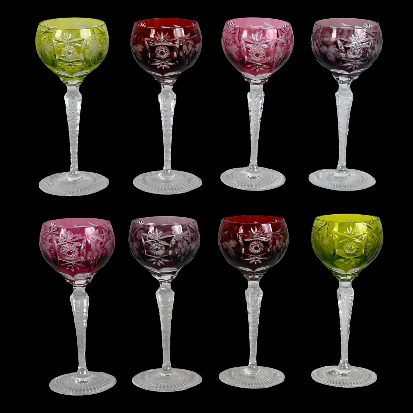 Nachtmann "Traube" Crystal Wine Hock Glasses: Elegant set of Nachtmann "Traube" cut-to-clear Bavarian crystal wine hock glasses, beautifully crafted in vibrant jewel tones including cranberry, ruby, amethyst, and chartreuse. Each glass features