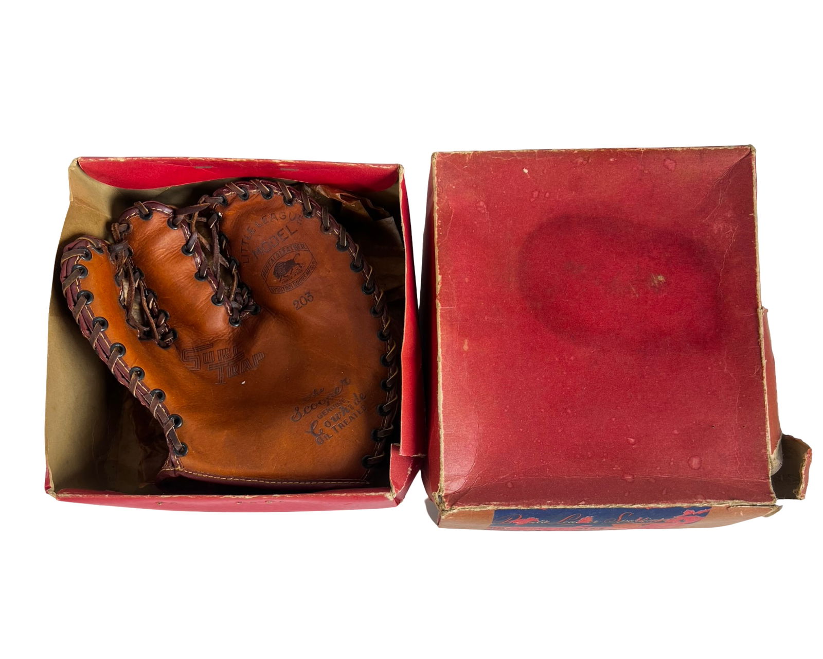 1950s Trapper Leather Baseball Catcher's Mitt: Exceptional 1950s Trapper Little League Model 203 baseball catcher's mitt, offered new in its original retail box. This classic youth-size mitt is stamped "Little League Model," "203," "The Scooper,"