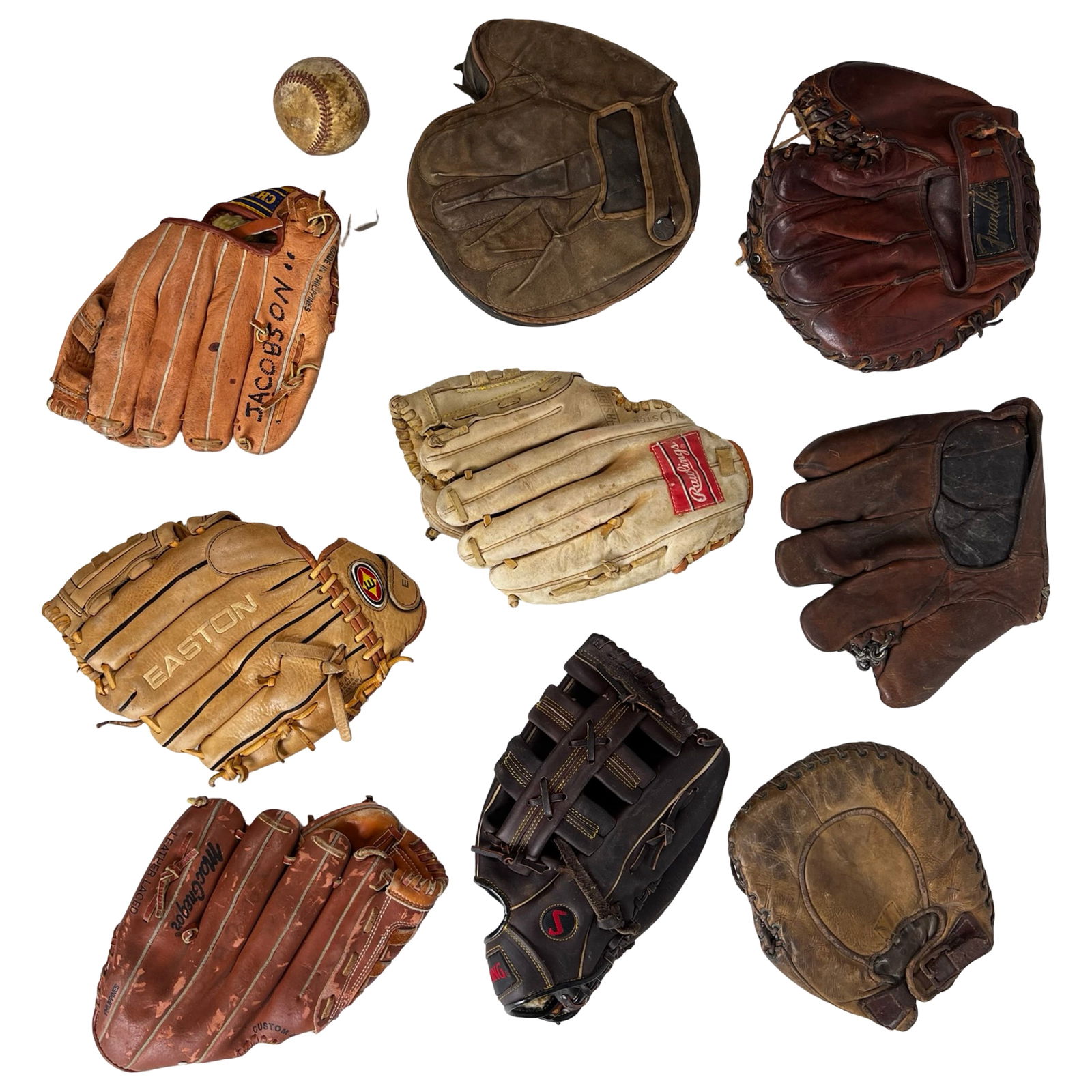 Assortment of Vintage Baseball Gloves & Mitts: Group of vintage baseball gloves and mitts representing multiple earlier eras of the game. Brands include Rawlings, Spalding, Easton, MacGregor, Champion, and others. The lot features fielders' gloves