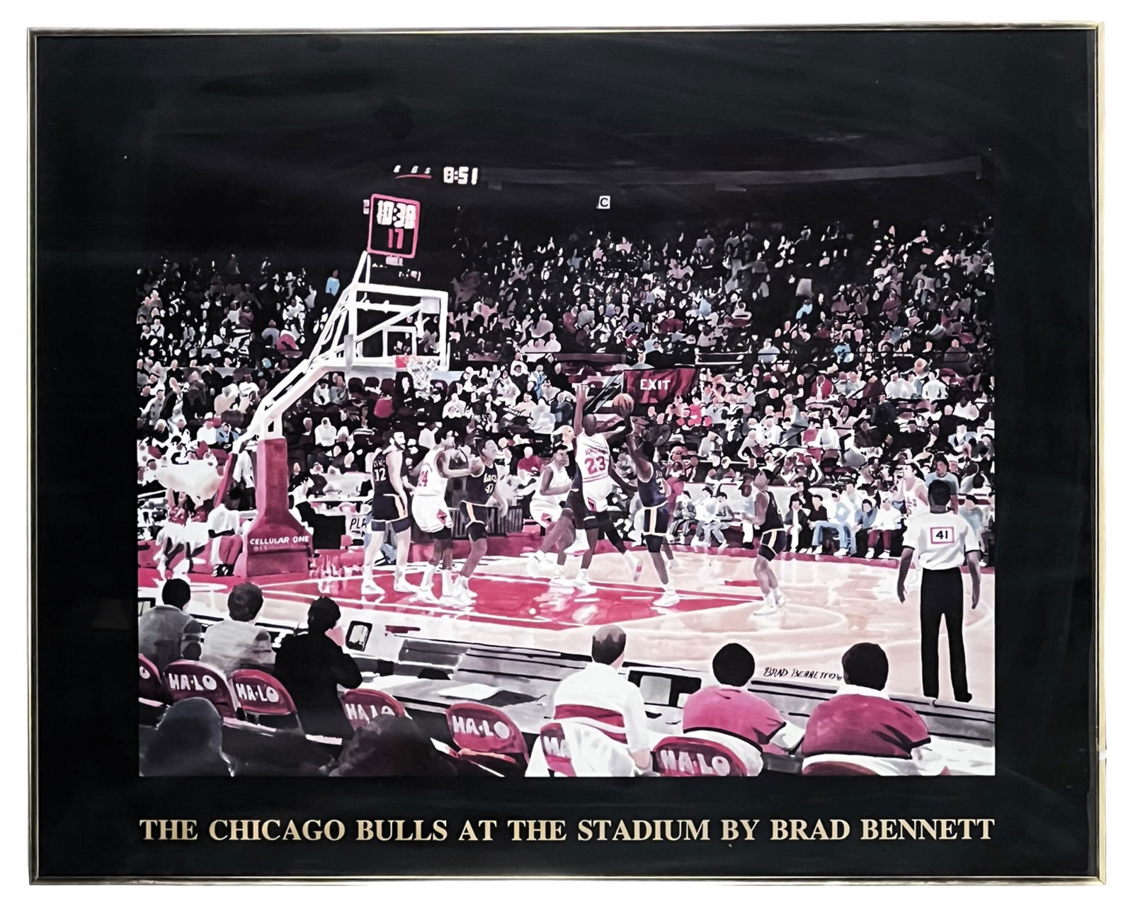 Brad Bennett 1991 Chicago Bulls Poster- Jordan: Framed 1991 lithograph poster titled "The Chicago Bulls at the Stadium" by Brad Bennett, capturing an electrifying in-game moment featuring Michael Jordan wearing #23 during the Bulls' championship