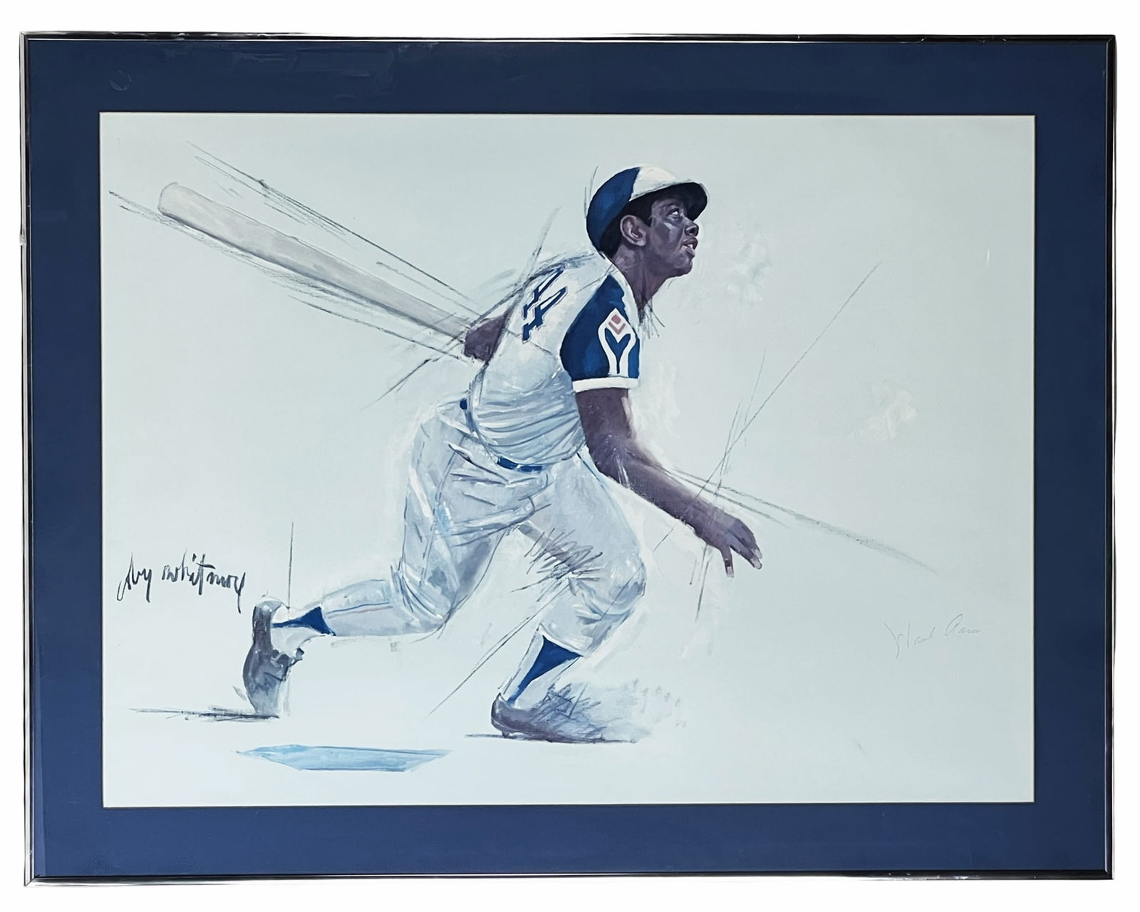 Hank Aaron Signed Lithograph by Coby Whitmore: Framed lithograph featuring baseball legend Hank Aaron depicted in dynamic motion, artwork by noted American illustrator Coby Whitmore. The composition captures Aaron in a powerful batting stance, ren