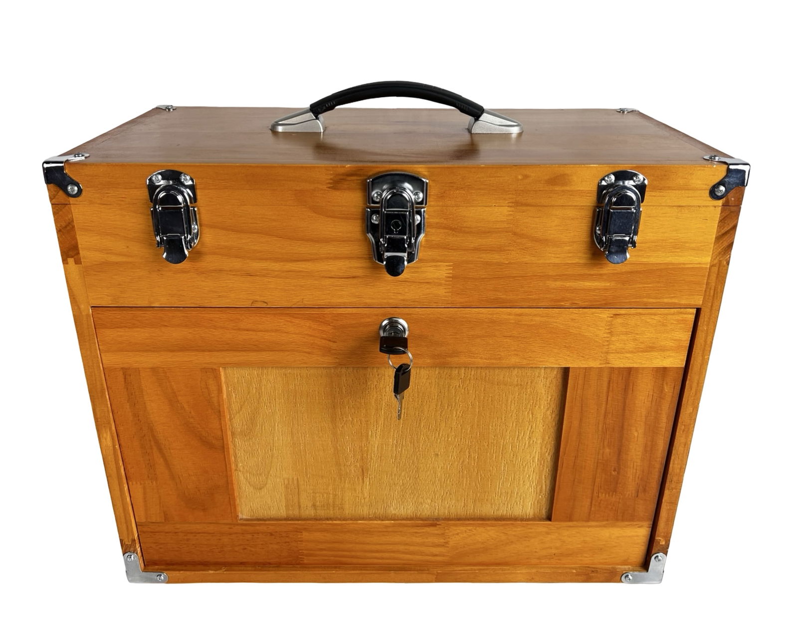 : 8-Drawer Wooden Tool Chest with Lock & Key: Well-crafted wooden tool chest featuring eight drawers and a lift-top compartment, offering ample organized storage in a compact footprint. The chest measures approximately 17" high x 29" wide x 10 1/