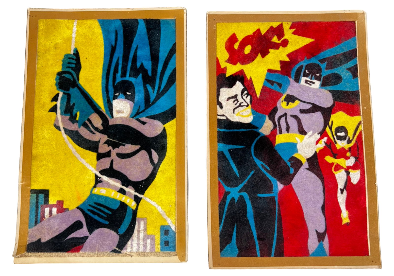 1966 Stardust "Touch of Velvet" Batman & Robin Art: Vintage 1966 Hasbro Stardust "Touch of Velvet" art print set featuring dynamic images of Batman and Robin in bold, vibrant comic-book style. Each print showcases rich, textured flocked surfaces that g