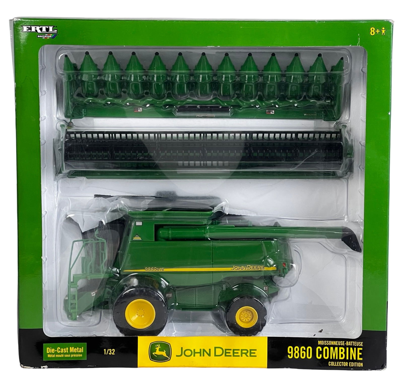 Ertl John Deere 9860 STS Combine 1/32 Die-Cast: Highly detailed 1/32 scale die-cast metal John Deere 9860 STS Combine manufactured by Ertl (Britains). This Collector Edition model features authentic John Deere green and yellow livery, realistic cab