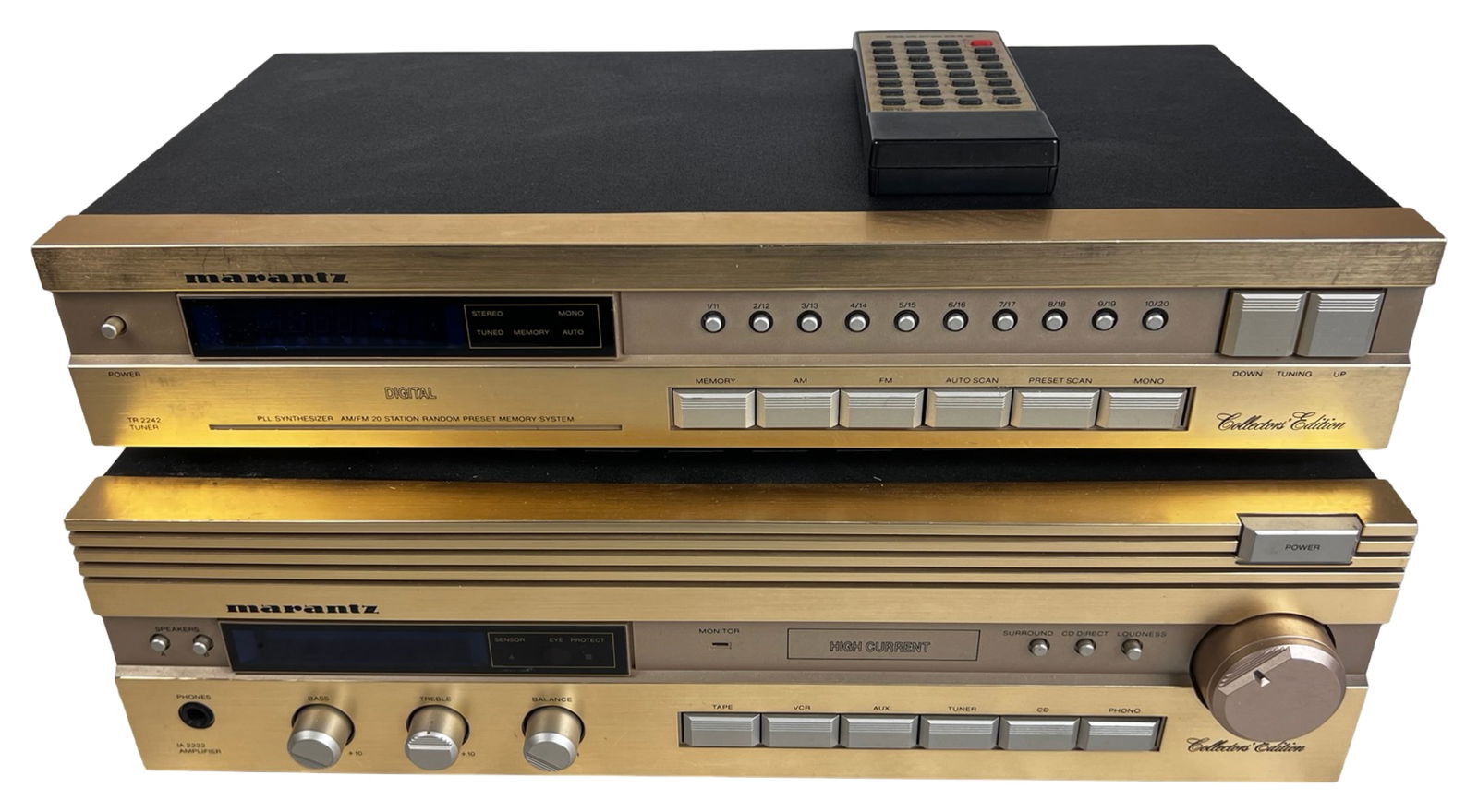 Marantz Collector's Edition Tuner & Amplifier: Marantz Collector's Edition stereo component set including Model TR 2242 SG digital tuner and Model IA 2232 SG integrated amplifier, finished in champagne gold tone. Includes original Marantz RC 1132