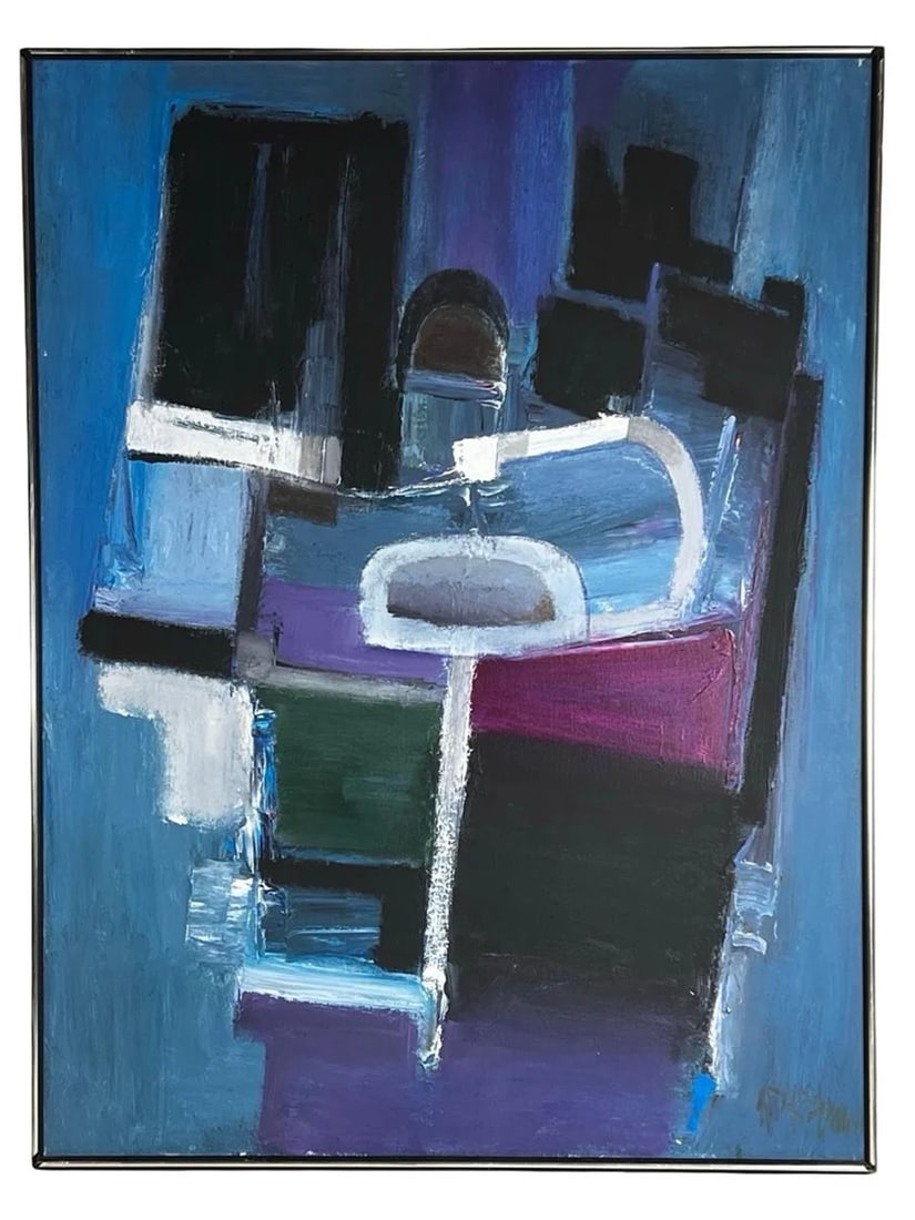 William K. Fernim Contemporary Abstract Painting: Striking contemporary abstract oil painting by William K. Fernim, featuring a bold, architectonic composition rendered in layered tones of blue, black, violet, white, and muted green. The work is