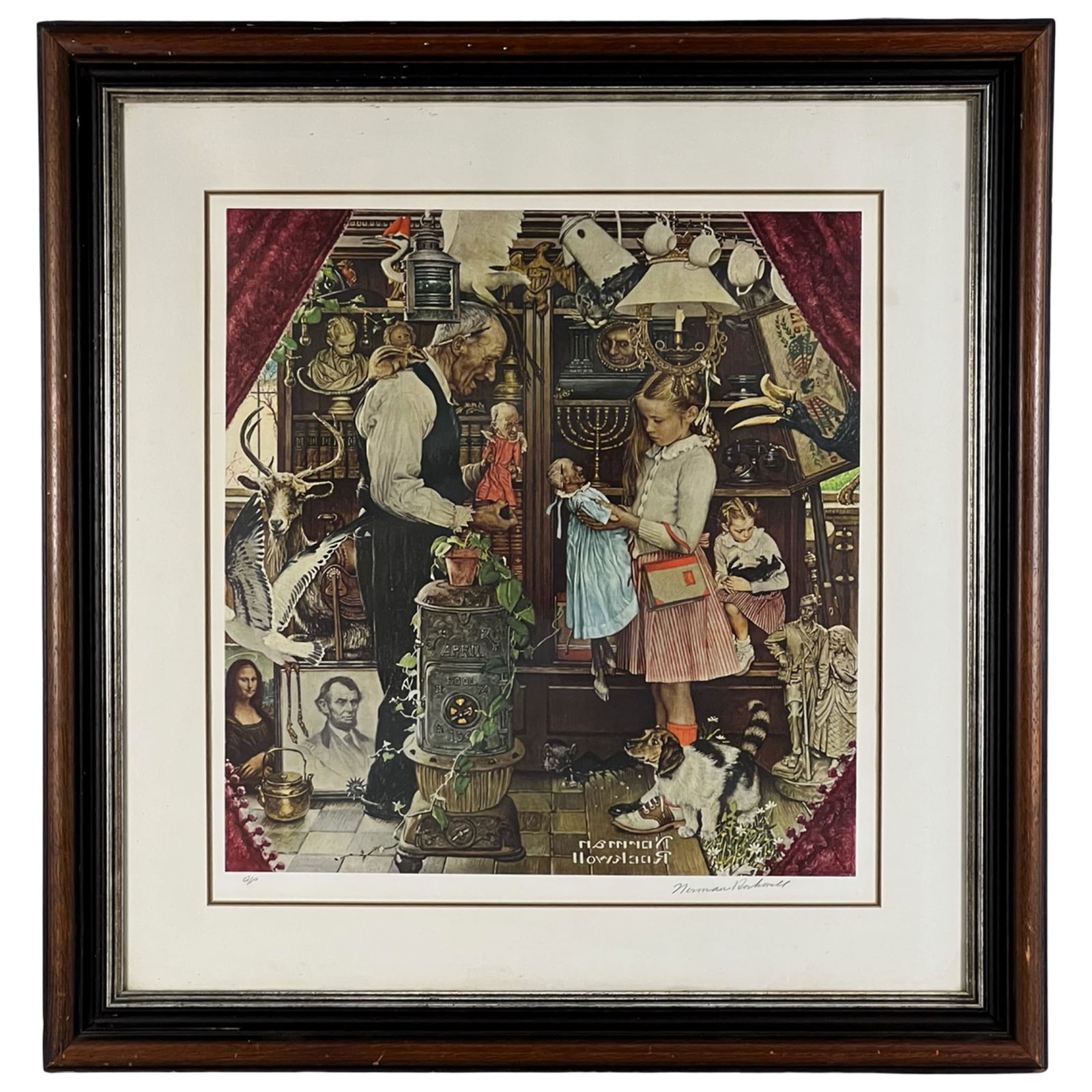 Norman Rockwell Signed Artist Proof Lithograph: A charming and highly detailed lithograph titled "April Fool", by beloved American illustrator Norman Rockwell. This lively composition captures a whimsical interior scene filled with symbolic objects