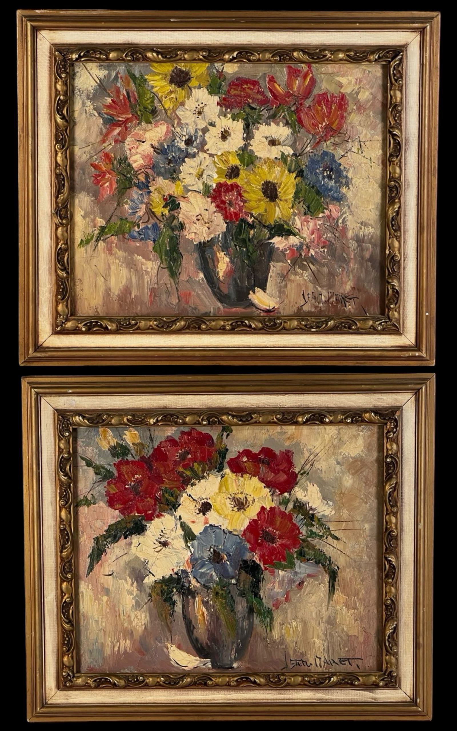 Jean Maret Impressionist Still Life Oil Paintings: Pair of expressive still life oil paintings by Jean Maret, each depicting vibrant floral arrangements in vases rendered with bold palette knife work and rich impasto texture. The compositions feature