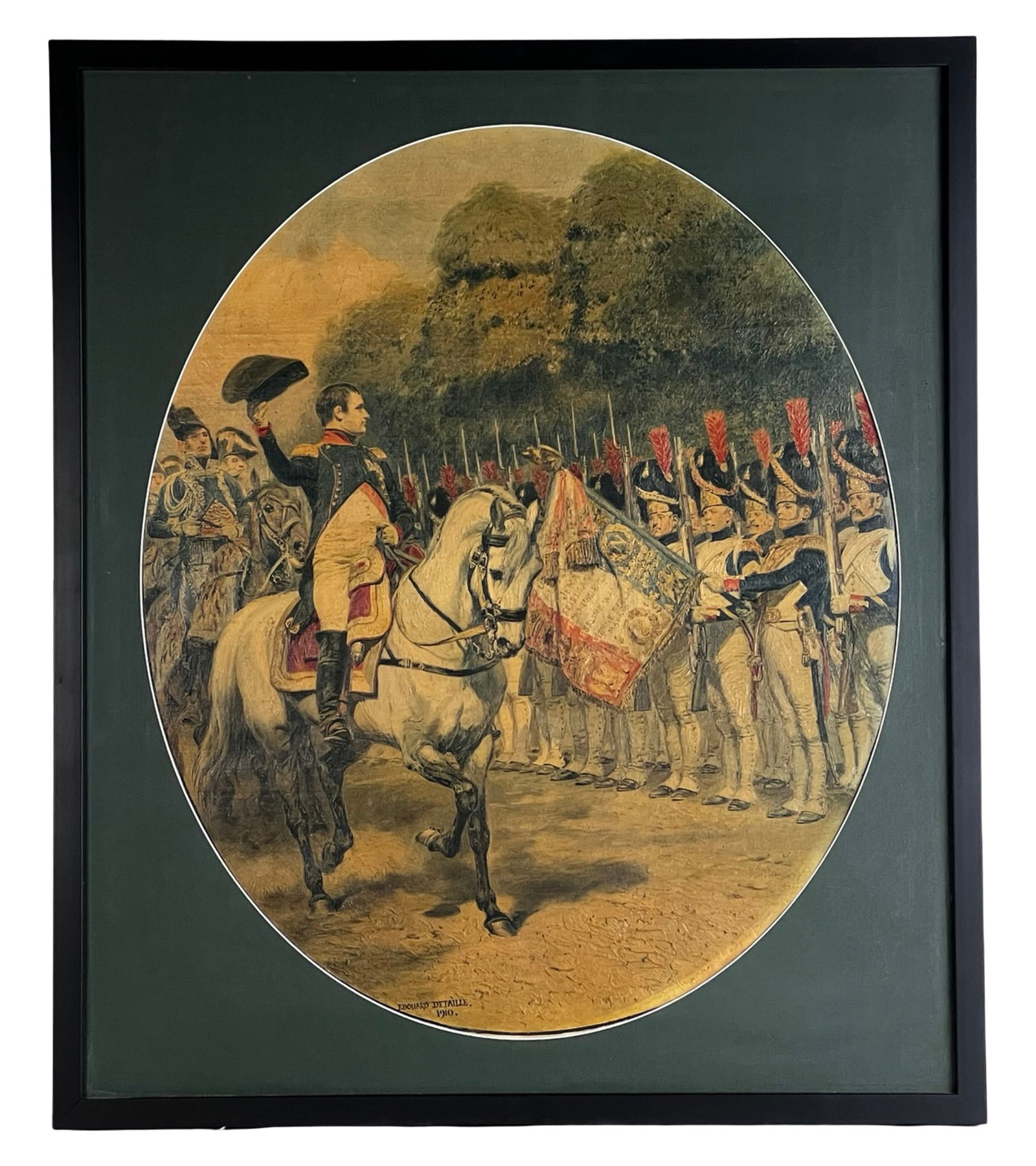 Edouard J.B. Detaille Napoleon Bonaparte Painting: Edouard Jean Baptiste Detaille presents Napoleon Bonaparte mounted on horseback, raising his hat in salute before a formation of soldiers in full dress uniform. The composition captures a formal cerem