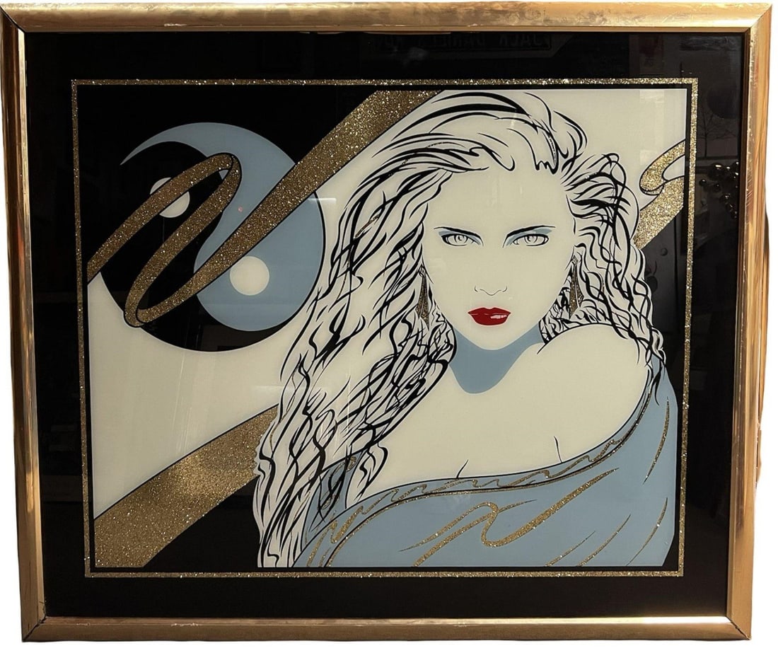 Patrick Nagel-Style Glamour 80's Pop- Art: Striking large-scale contemporary portrait executed in the bold, graphic style reminiscent of Patrick Nagel. The artwork features a stylized female figure with flowing hair, ice-blue skin tone, red li