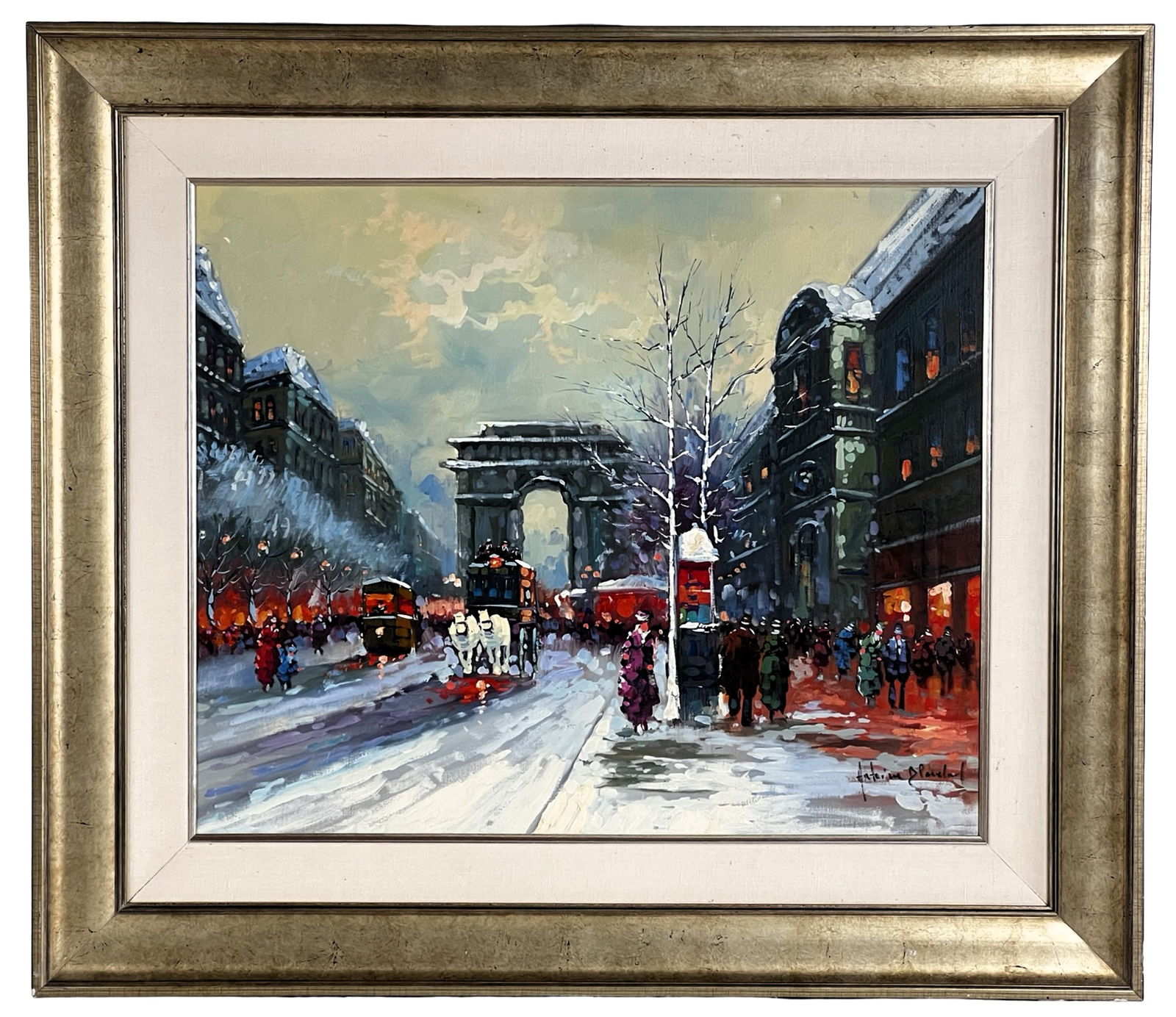 Antoine Blanchard Parisian Winter Street Painting: Oil on canvas depicting a lively Parisian winter street scene with horse-drawn carriage and pedestrians beneath the Arc de Triomphe. The composition captures the atmospheric charm of mid-century Paris