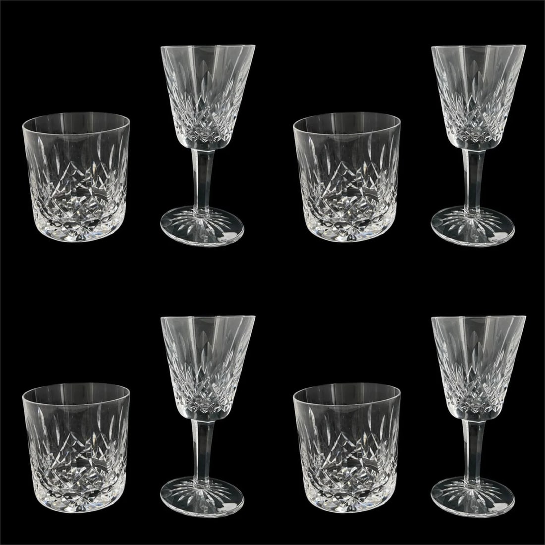 Waterford Lismore Crystal- Wine & Tumbler Glasses: Elegant Waterford crystal glassware in the iconic Lismore pattern, featuring a matched set of claret or wine glasses and classic tumblers. This group includes four stemmed wine glasses and four old