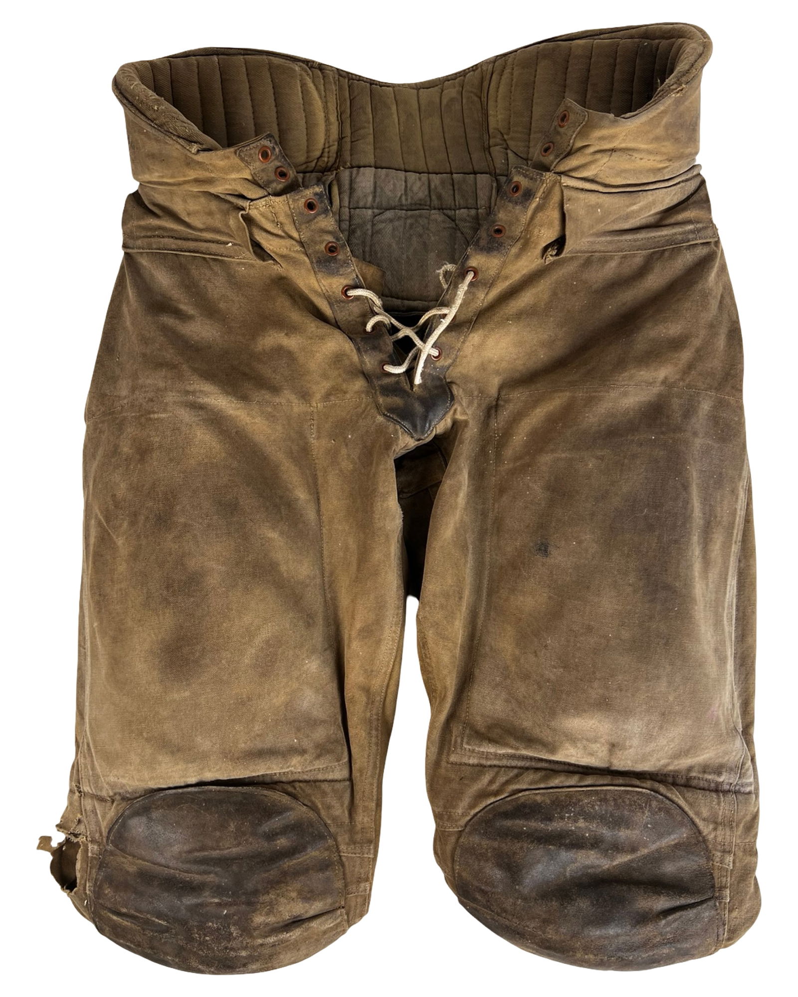 1910s Stall & Dean Antique Leather Football Pants: Rare and authentic 1910s antique football pants by Stall & Dean of Brockton, Massachusetts, a prominent early American sporting goods manufacturer. These heavy canvas and leather football trousers