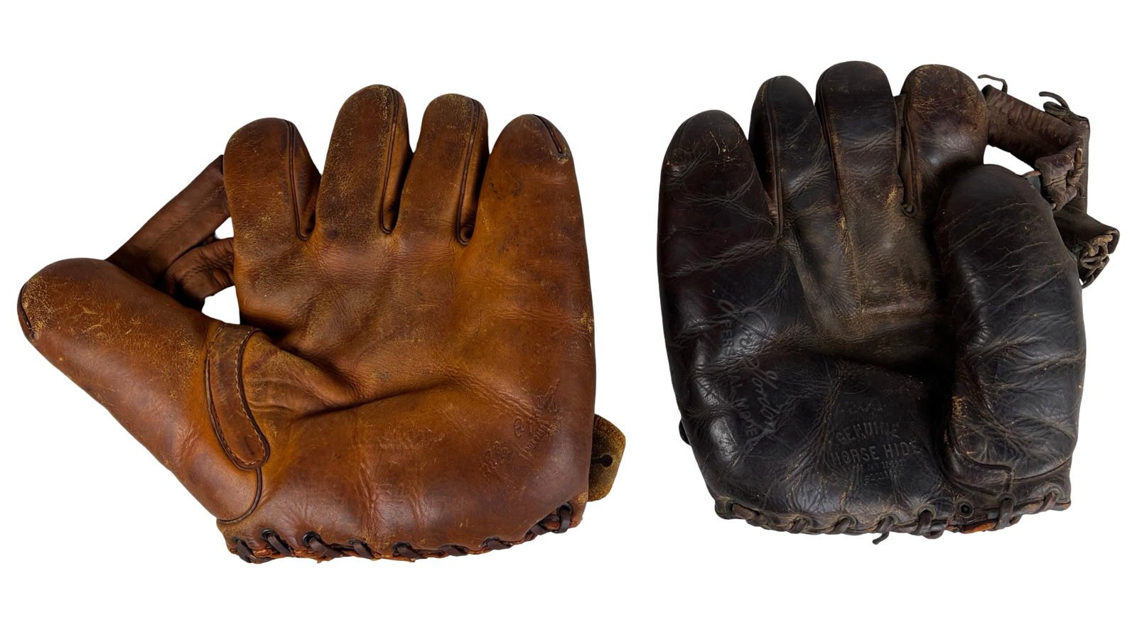 1930s Baseball Gloves - Joe Gordon & Luke Appling: Pair of vintage 1930s-1940s baseball gloves including a Joe Gordon personal model and a Luke Appling model. Both display classic early construction with heavy leather bodies, deep pockets, and period