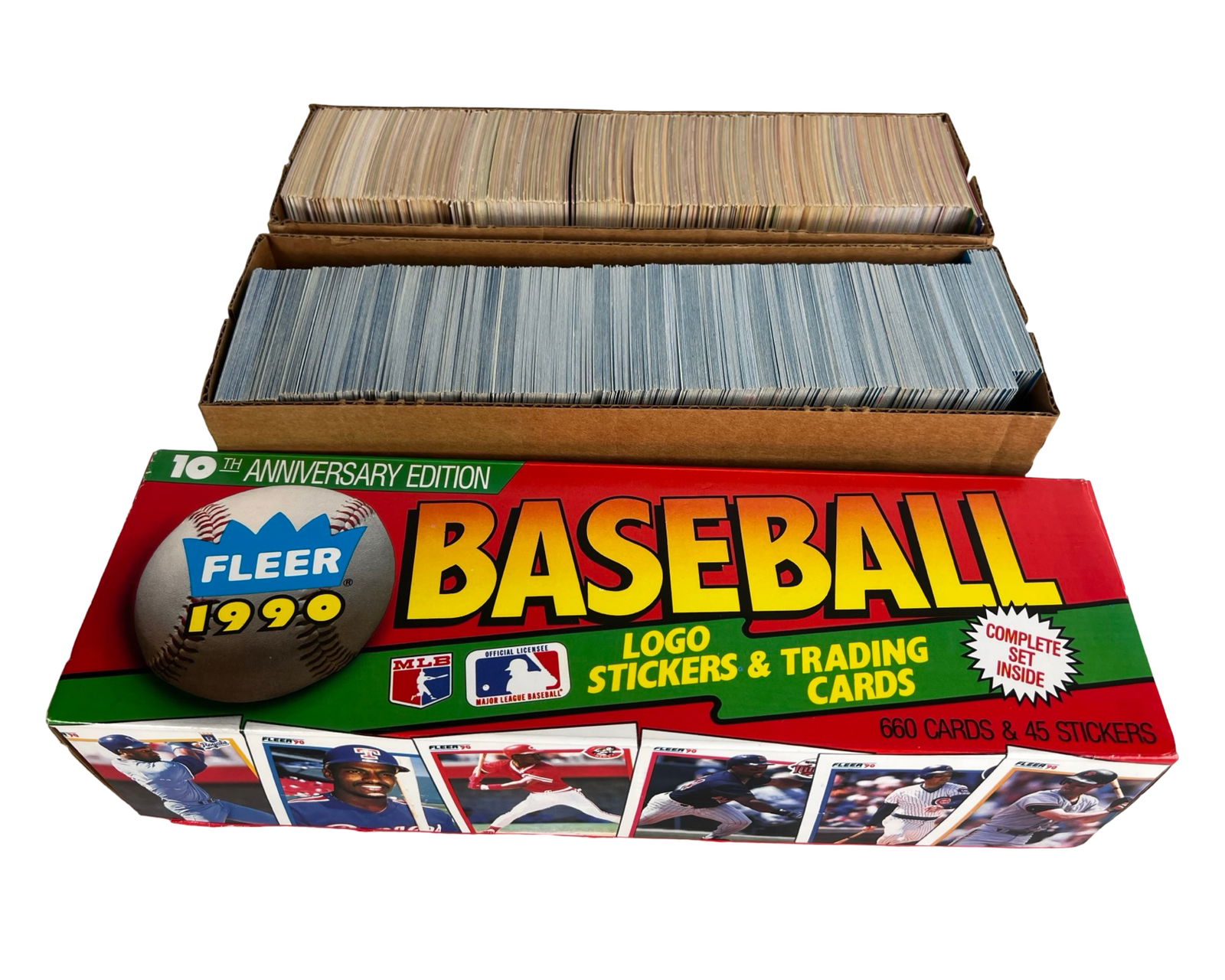 Baseball Card Sets 1990 Fleer, 1987 Fleer & 1988 S: Group of three vintage baseball card sets spanning the late 1980s and 1990. Includes a 1990 Fleer 10th Anniversary Edition set with logo stickers, a 1987 Fleer set featuring the classic blue-bordered