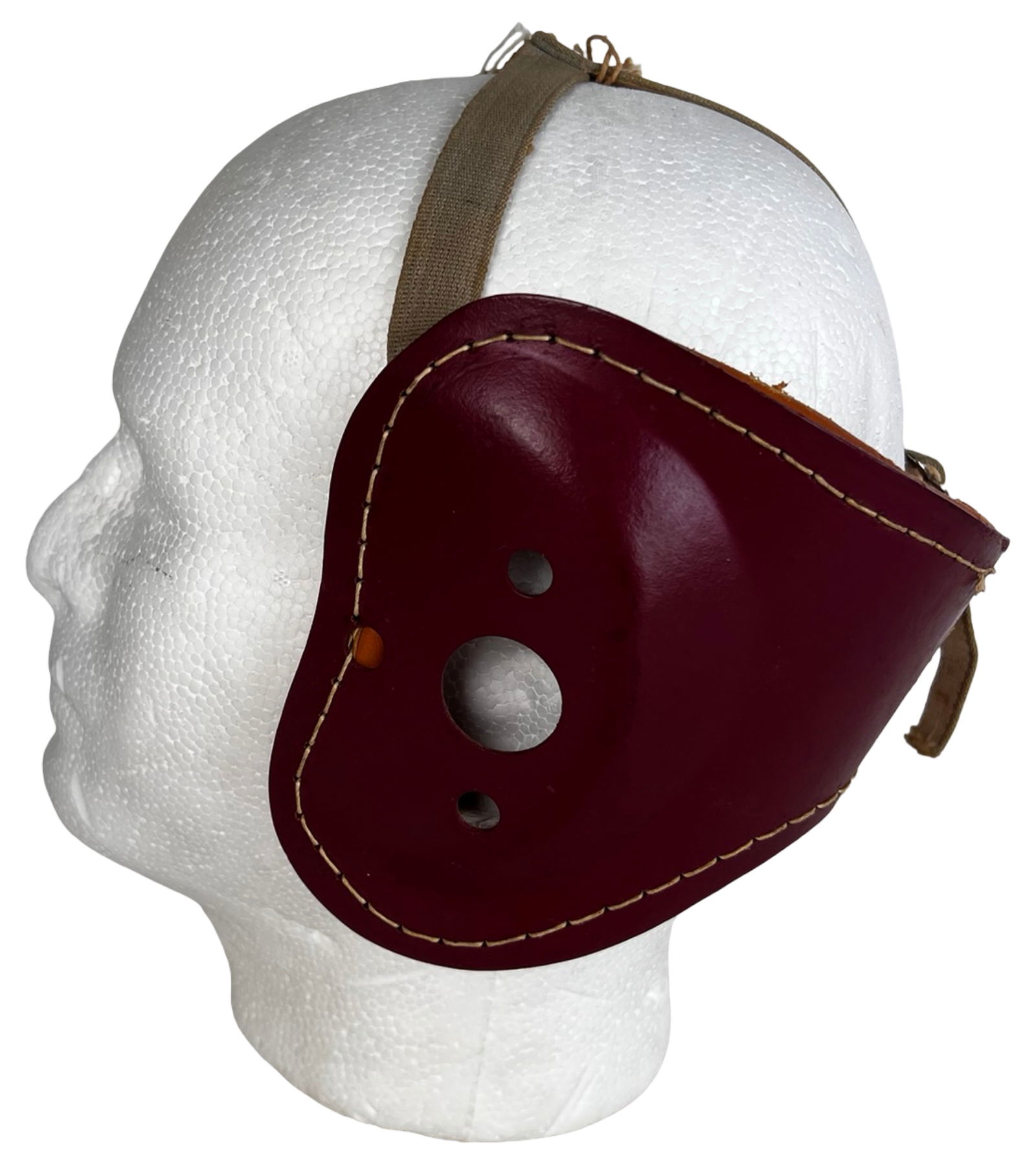 1948 Spalding Baseball Leather Batting Helmet: Vintage 1948 Spalding leather batting helmet featuring deep red molded leather with stitched edging and ventilated ear guard. The interior retains its original label reading "Spalding - Suitable for