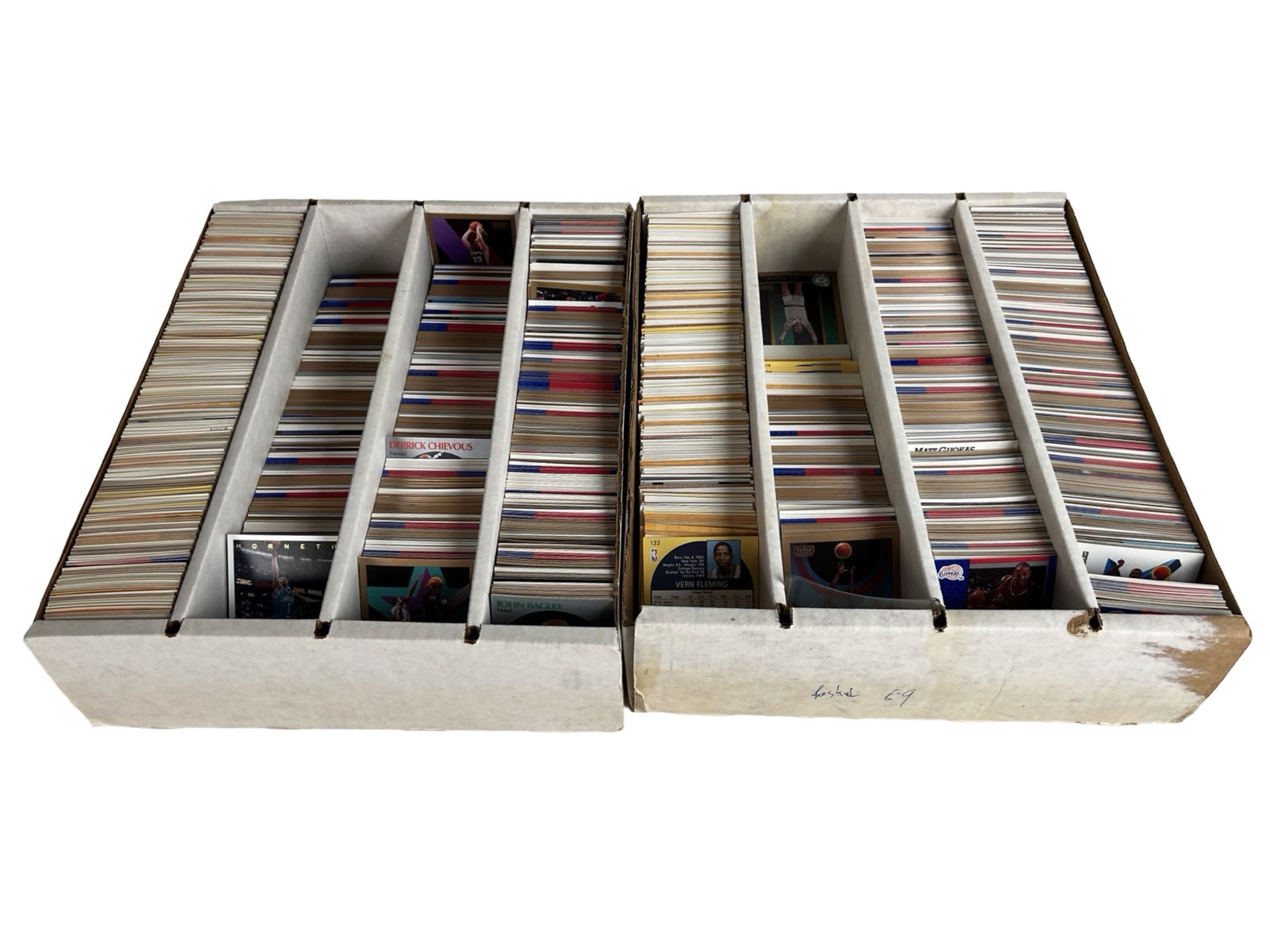 2 Jumbo Boxes of Unsearched Basketball Cards: Two jumbo boxes filled with a large assortment of unsearched basketball trading cards. The collection appears to span multiple years and brands, with a strong concentration of late 1980s and 1990s