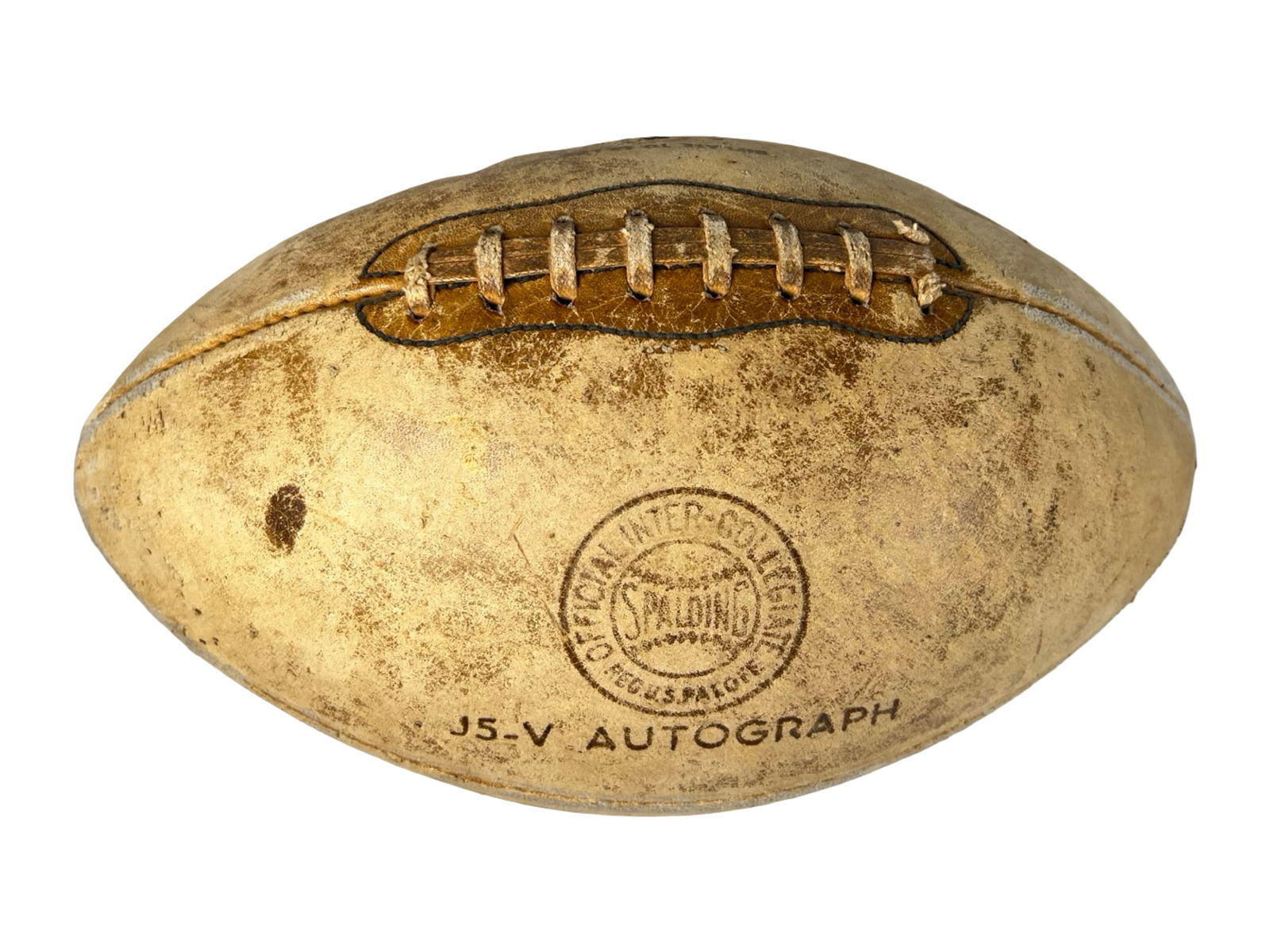 1960s Spalding J5-V Autograph Football: Vintage 1960s Spalding J5-V "Autograph" Official Inter-Collegiate football, featuring the Spalding stamp and circular "Official Inter-Collegiate - Reg. U.S. Pat. Off." mark. This classic leather ball