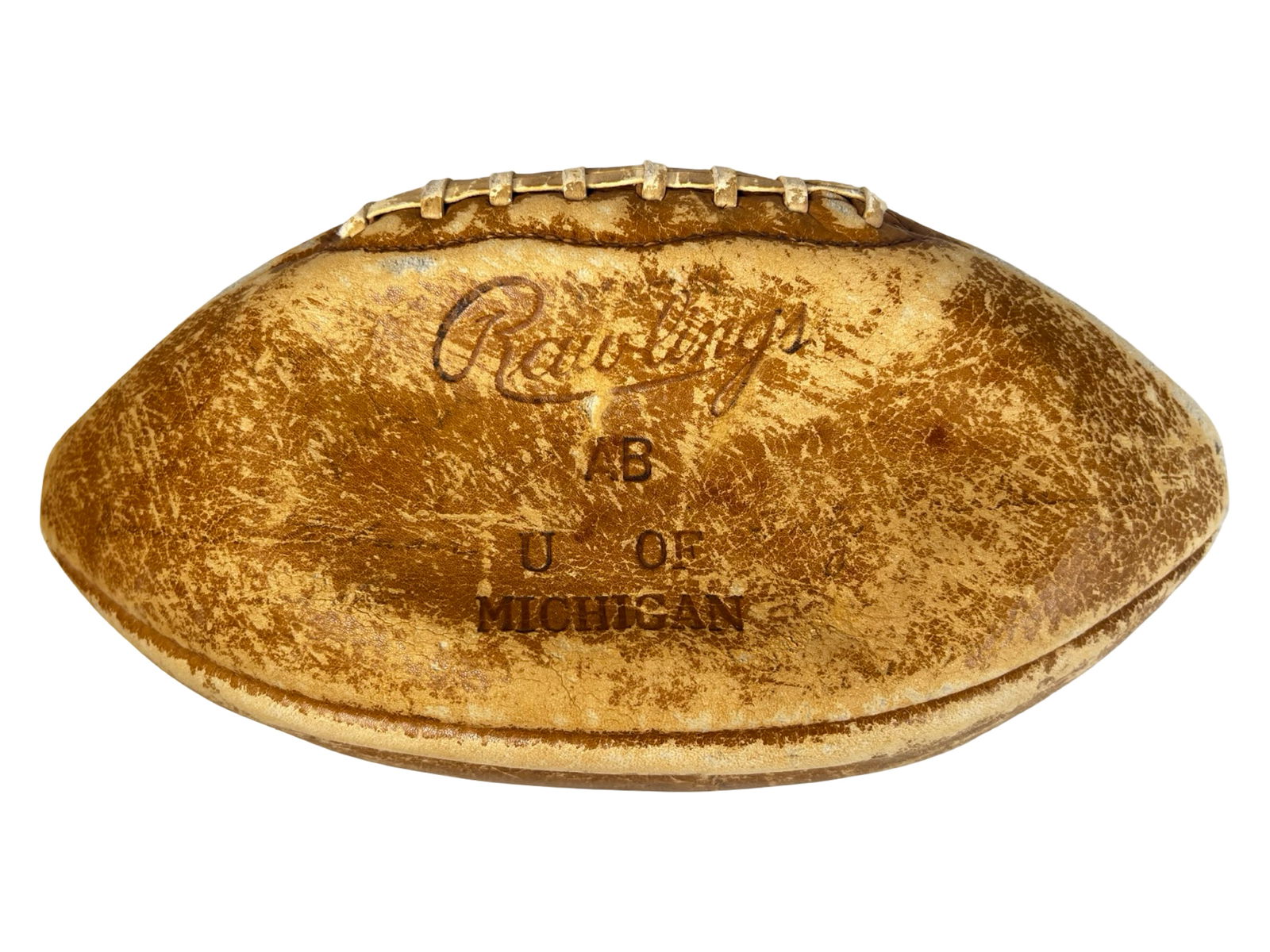 1950s Rawlings AB University of Michigan Football: Vintage 1950s Rawlings AB model leather football featuring "U of Michigan" stamping to the panel. This classic mid-century collegiate football displays a rich, well-worn patina with heavy surface