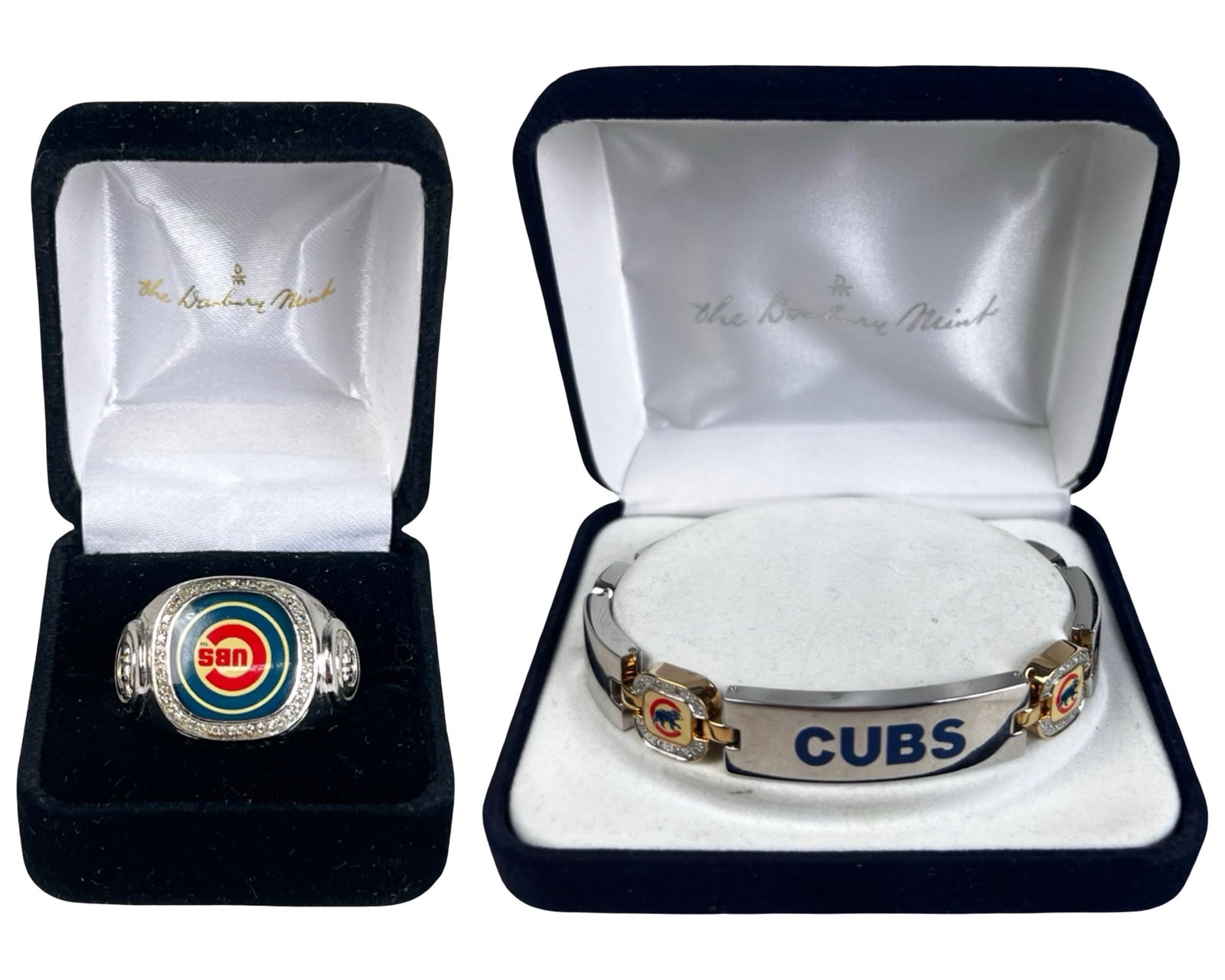 Danbury Mint Chicago Cubs Sterling Ring & Bracelet: Officially licensed Chicago Cubs jewelry set by The Danbury Mint, including a men's sterling silver ring and matching bracelet, both presented in their original fitted boxes. Both pieces display stron