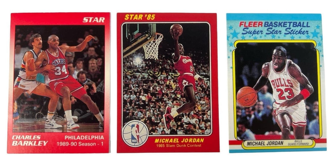 1980s Michael Jordan & Charles Barkley Cards: A sharp, vibrant 3-card grouping featuring NBA legends Charles Barkley and Michael Jordan. This lot includes a 1989-90 Star Co. Charles Barkley Season 1 card, a 1985 Star Slam Dunk Contest Michael