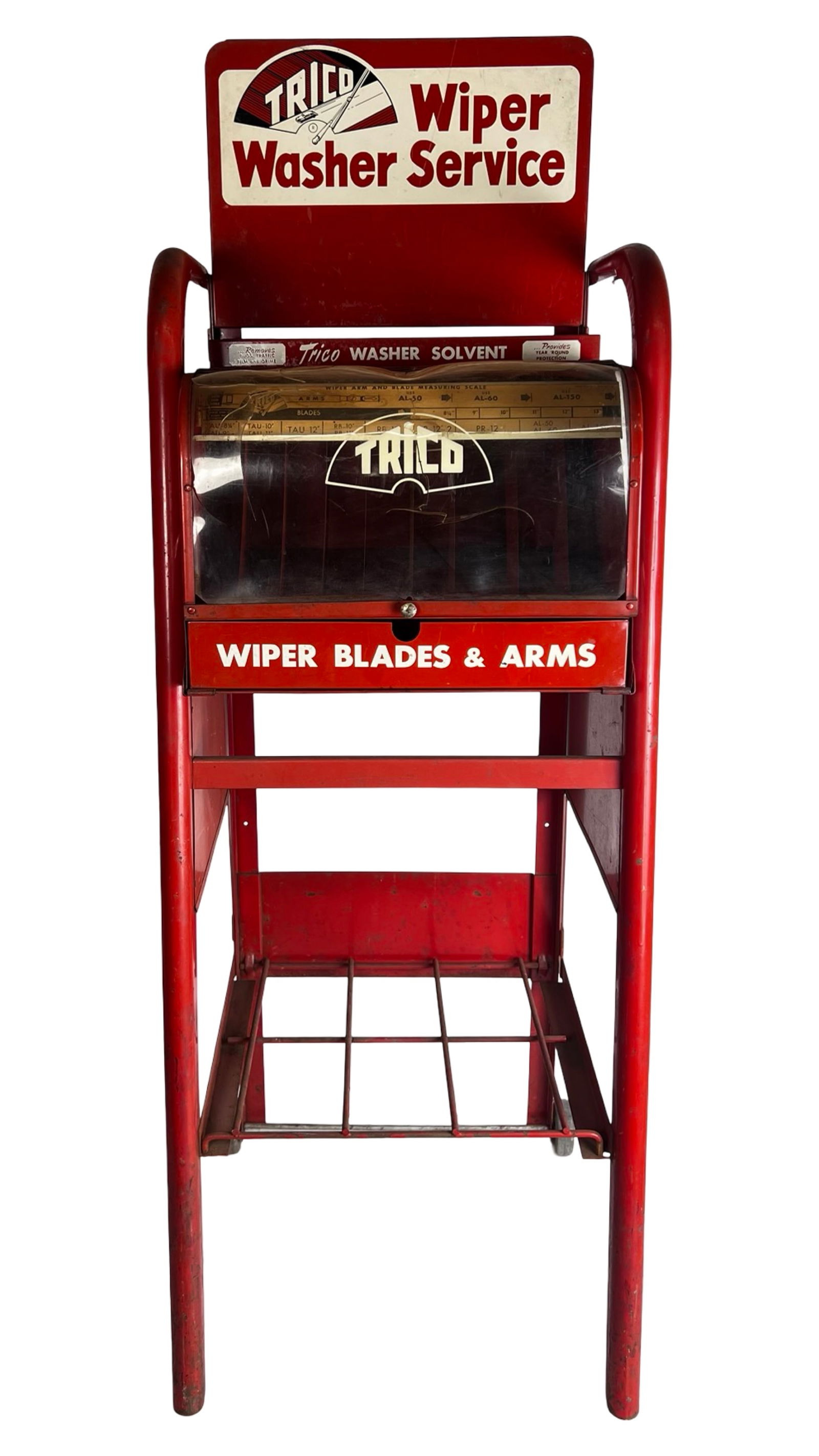 50s Trico Wiper Washer Service Metal Display Stand: Authentic 1950s Trico "Wiper Washer Service" metal display stand from the golden era of American automobiles. This eye-catching red service station floor display advertises Trico wiper blades, arms,