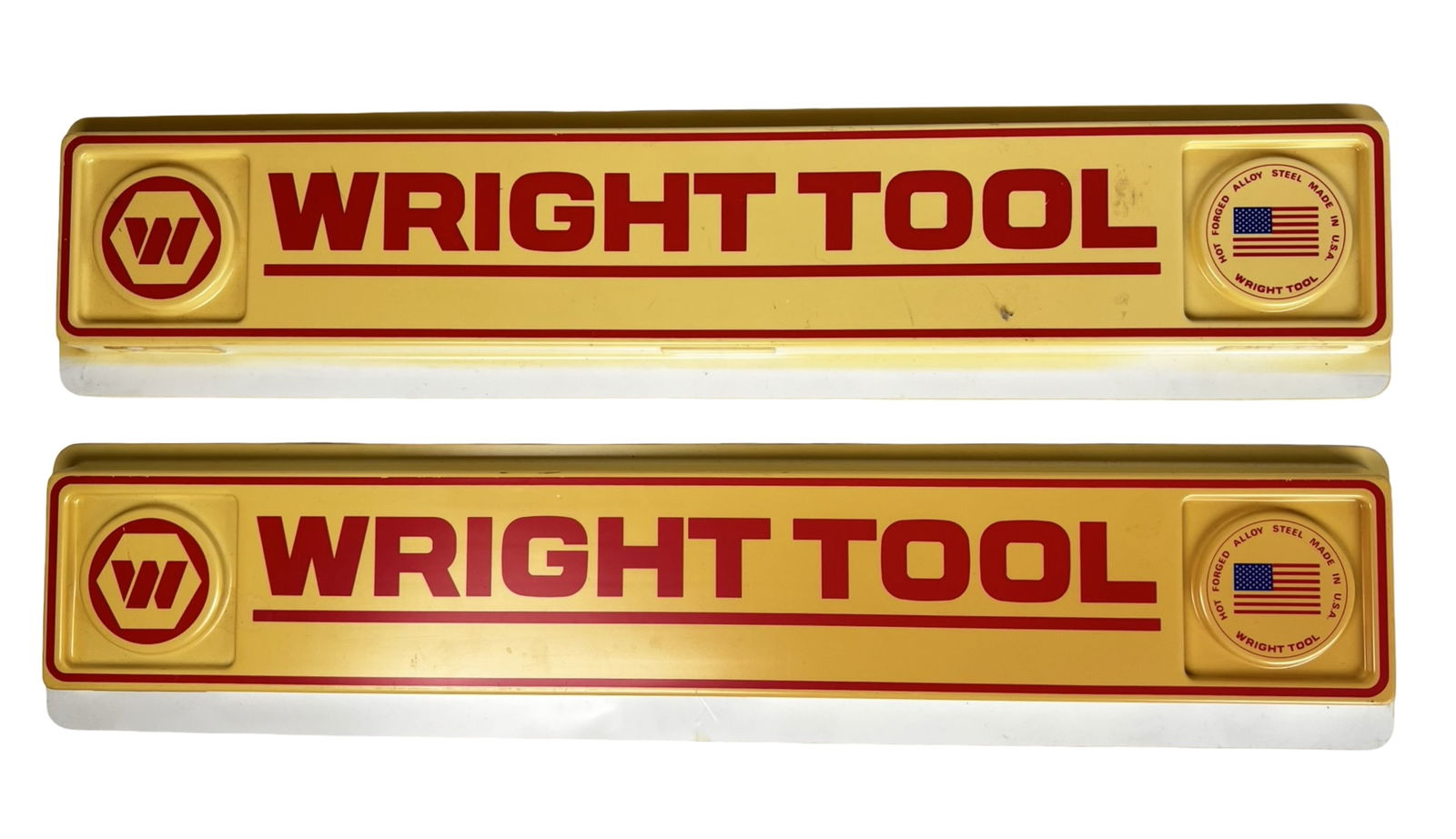 Wright Tool Hardware Store Advertising Signs: This pair of vintage Wright Tool advertising display signs measures approximately 23 inches by 5 inches each. Made of molded plastic with raised end medallions and recessed backs for mounting, these