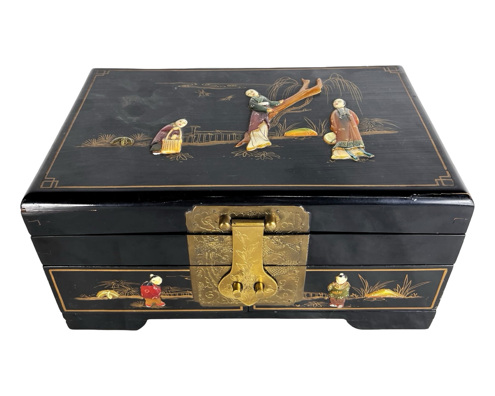Chinese Black Lacquer Jewelry Box Inlaid Figural S (1 of 7)