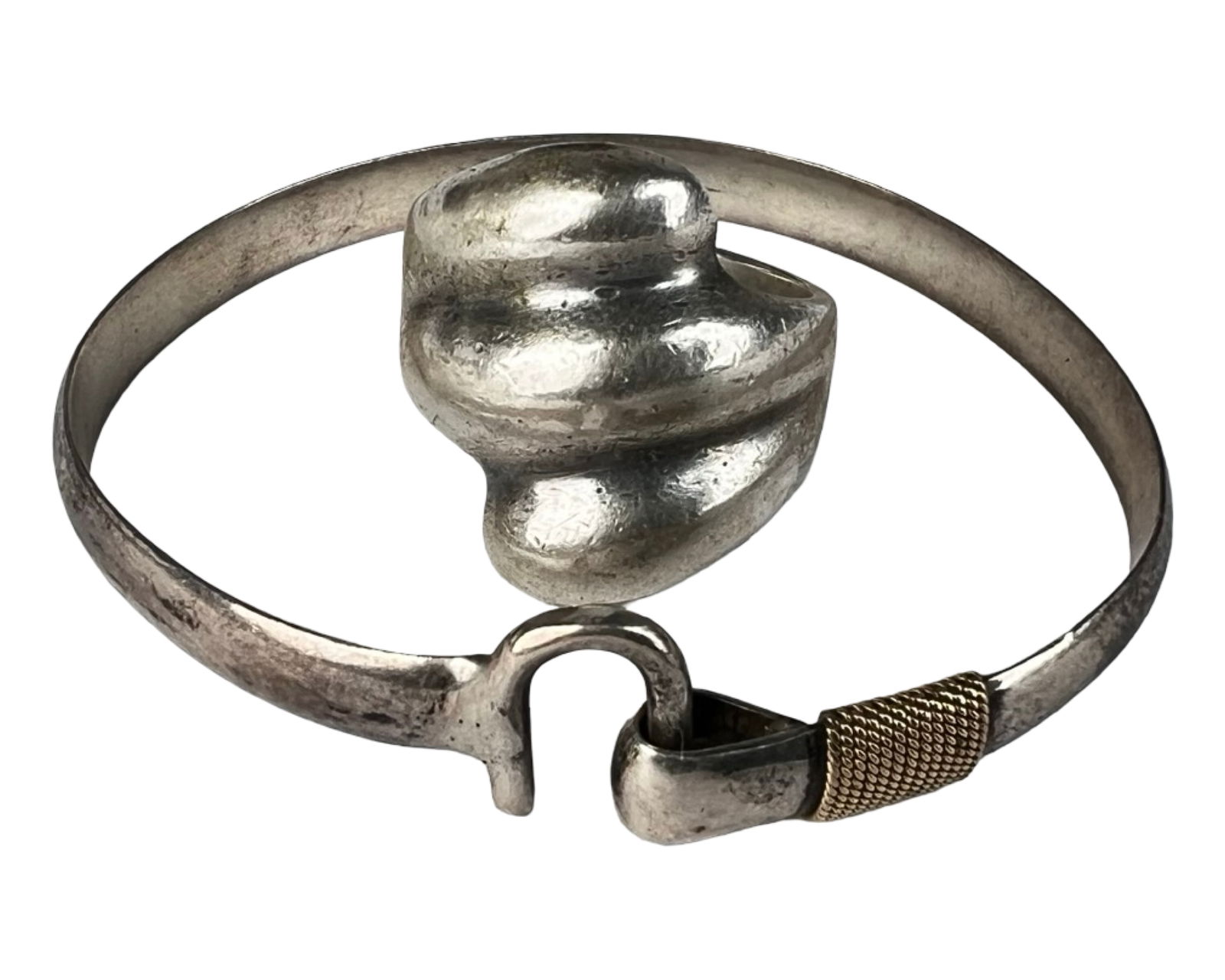 Sterling Silver & 14K Gold Bracelet & Massive Ring: Bold sterling silver set including a hinged bracelet with 14K gold rope accent and a heavy modernist sterling ring. Bracelet features a hook-style closure and is marked "925." Measures approximately
