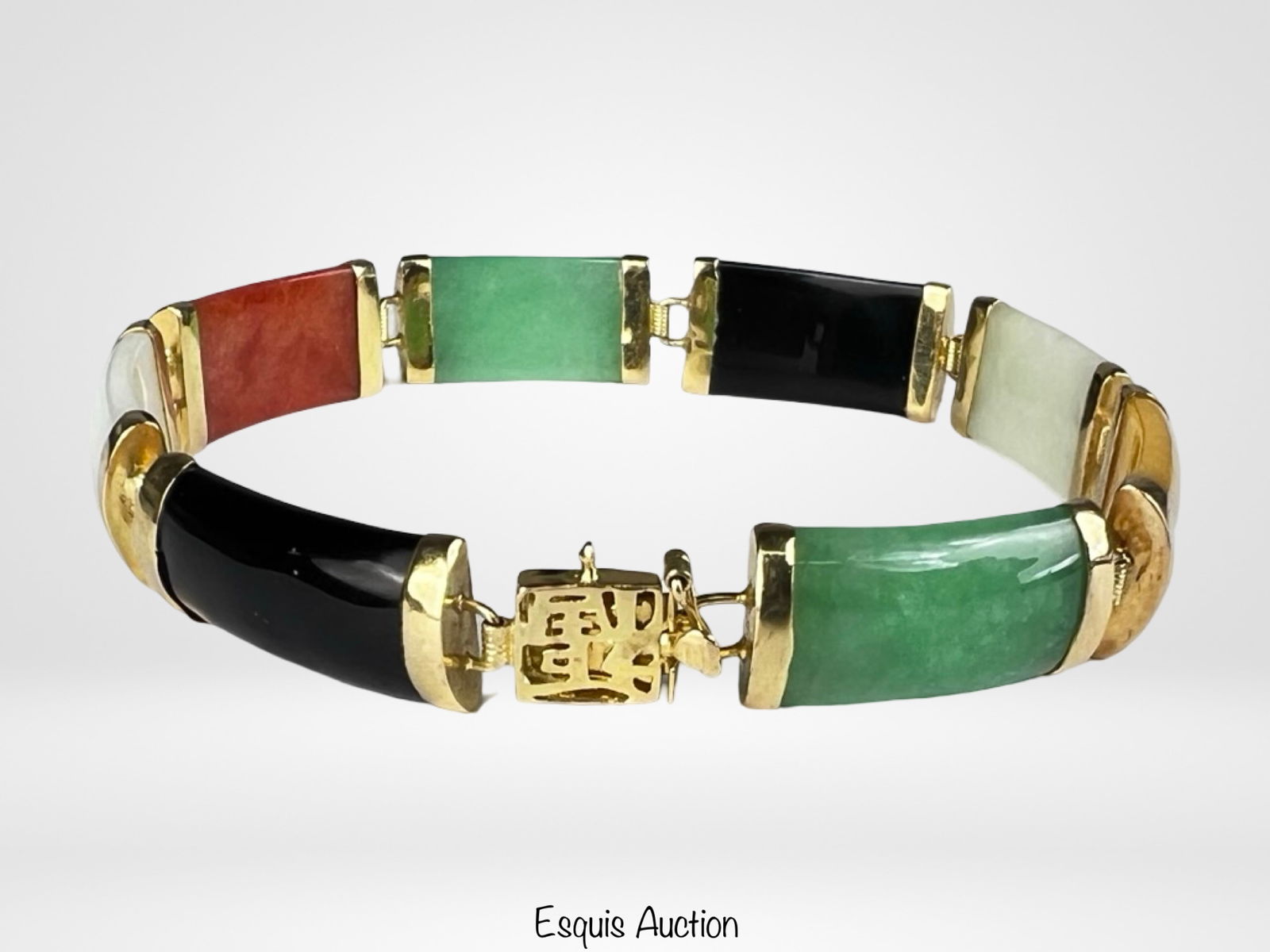 14K Yellow Gold Multi-Color Jade Link Bracelet: Elegant 14K yellow gold link bracelet featuring curved multi-colored jade panels in rich green, lavender-white, black, red, and golden hues. Each polished segment is securely framed in gold and