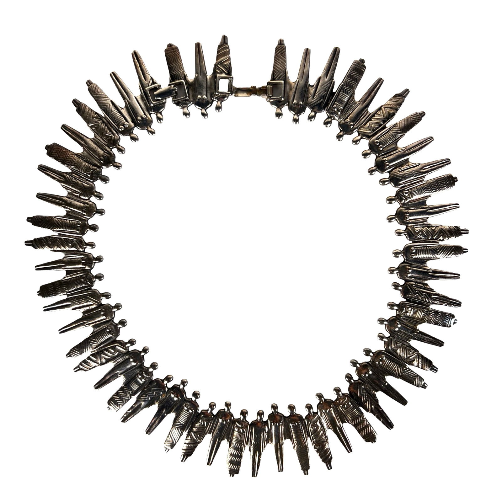 Laurel Burch "Tribe of Mankind" Bib Necklace: Striking vintage bib necklace from Laurel Burch's iconic Tribe of Mankind collection, featuring a dramatic circle of stylized human figures linked hand-in-hand. Each figure is detailed with engraved