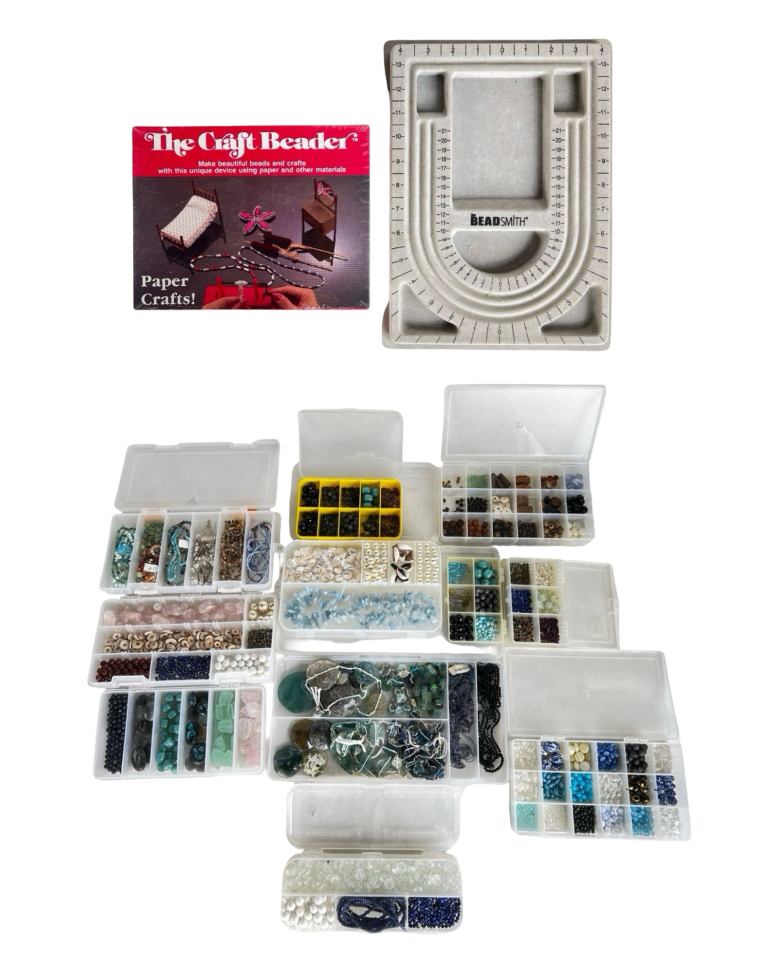 Group of Craft Beads & Jewelry Making Supplies: Extensive craft lot featuring a wide variety of beads and jewelry-making materials, neatly organized in multiple compartment cases. Includes glass, stone, shell, wood, metal, and acrylic beads in asso