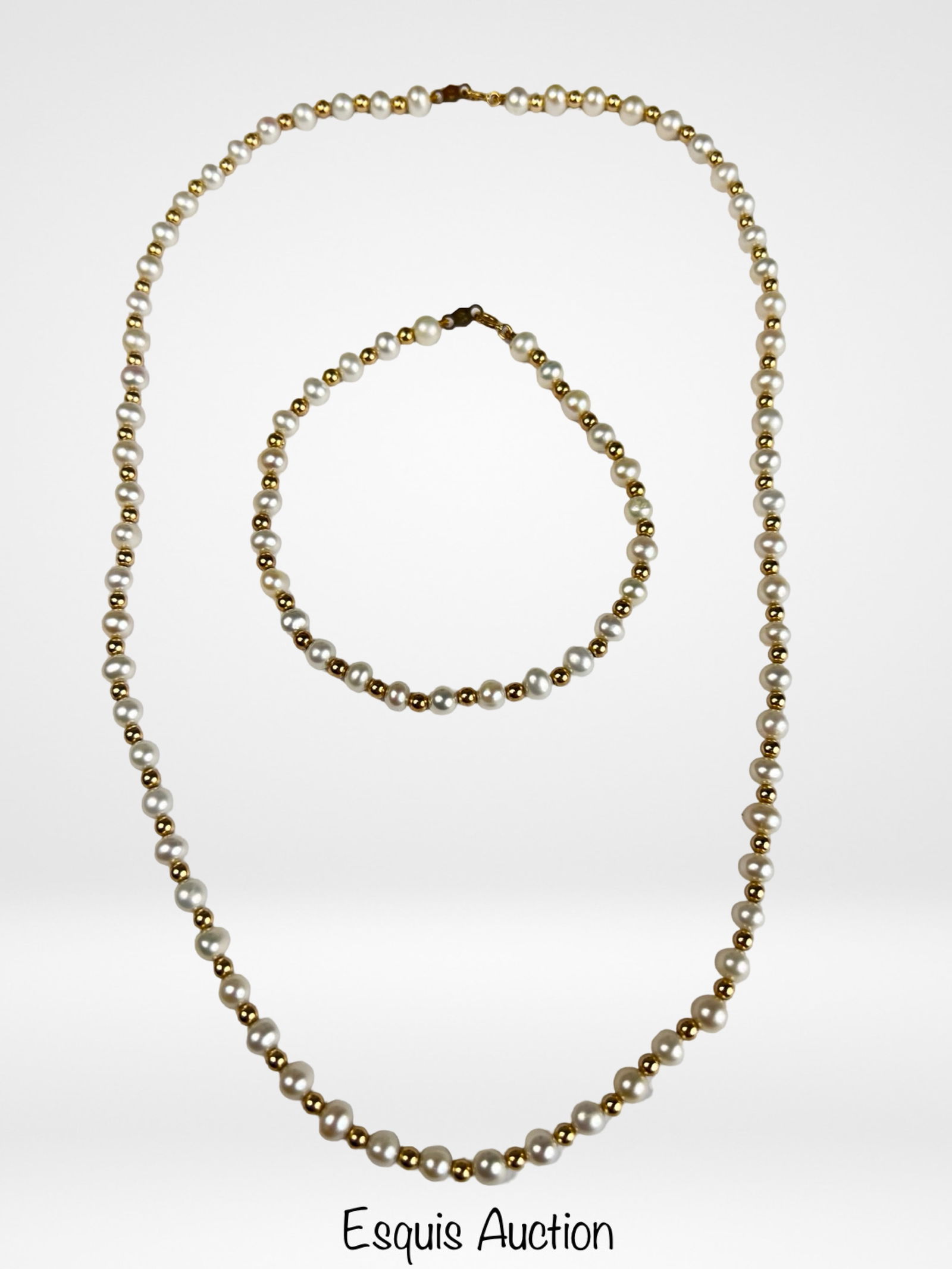Pearl Necklace & Bracelet w 14k Gold Clasp & Beads: Elegant two-piece jewelry set featuring natural pearls accented with polished 14k gold spacer beads and finished with 14k gold clasps. The pearls display a soft, creamy luster and are individually