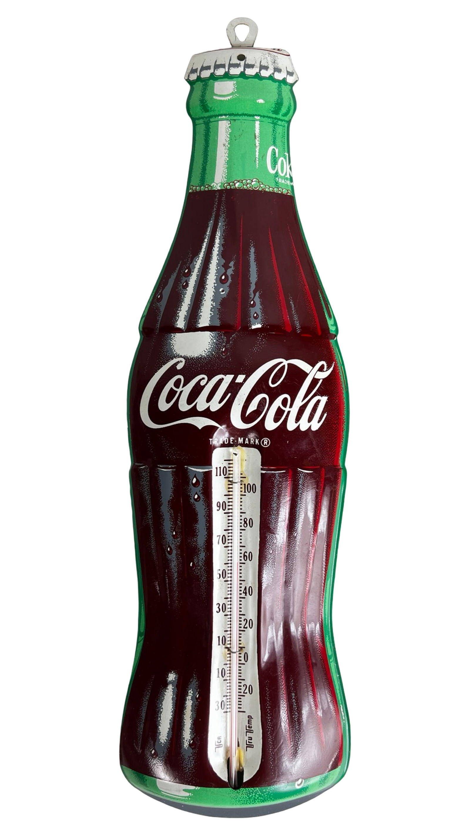 Vintage TCA Coca-Cola Tin Hanging Wall Thermometer: Classic mid-century Coca-Cola advertising thermometer in the iconic contour bottle form. This tin lithograph example features vibrant red and green graphics with the Coca-Cola script logo across the c