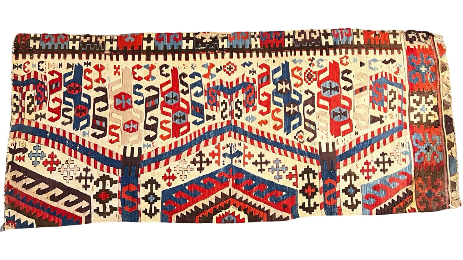 Antique Anatolian Kilim Rug - Turkey, Circa 1900: Antique Anatolian kilim from Turkey, dating to approximately 1900. This handwoven flat-weave textile features a dynamic geometric composition with stylized motifs arranged in horizontal bands and angu