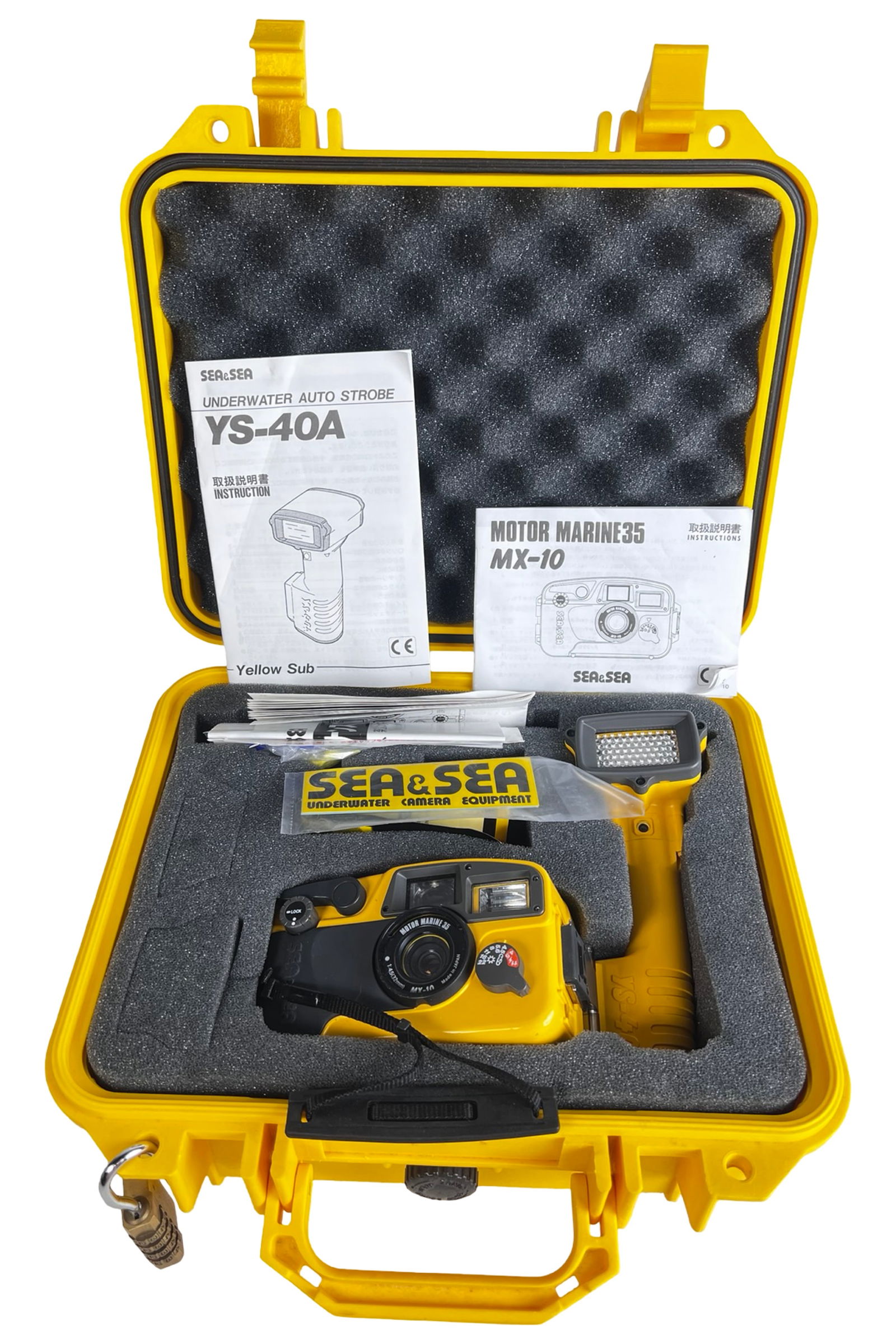 Sea & Sea Motor Marine 35 MX-10 Underwater Camera: Sea & Sea Motor Marine 35 MX-10 underwater 35mm film camera kit including YS-40A underwater auto strobe. Housed in the original bright yellow hard waterproof case with custom foam insert.The kit inclu