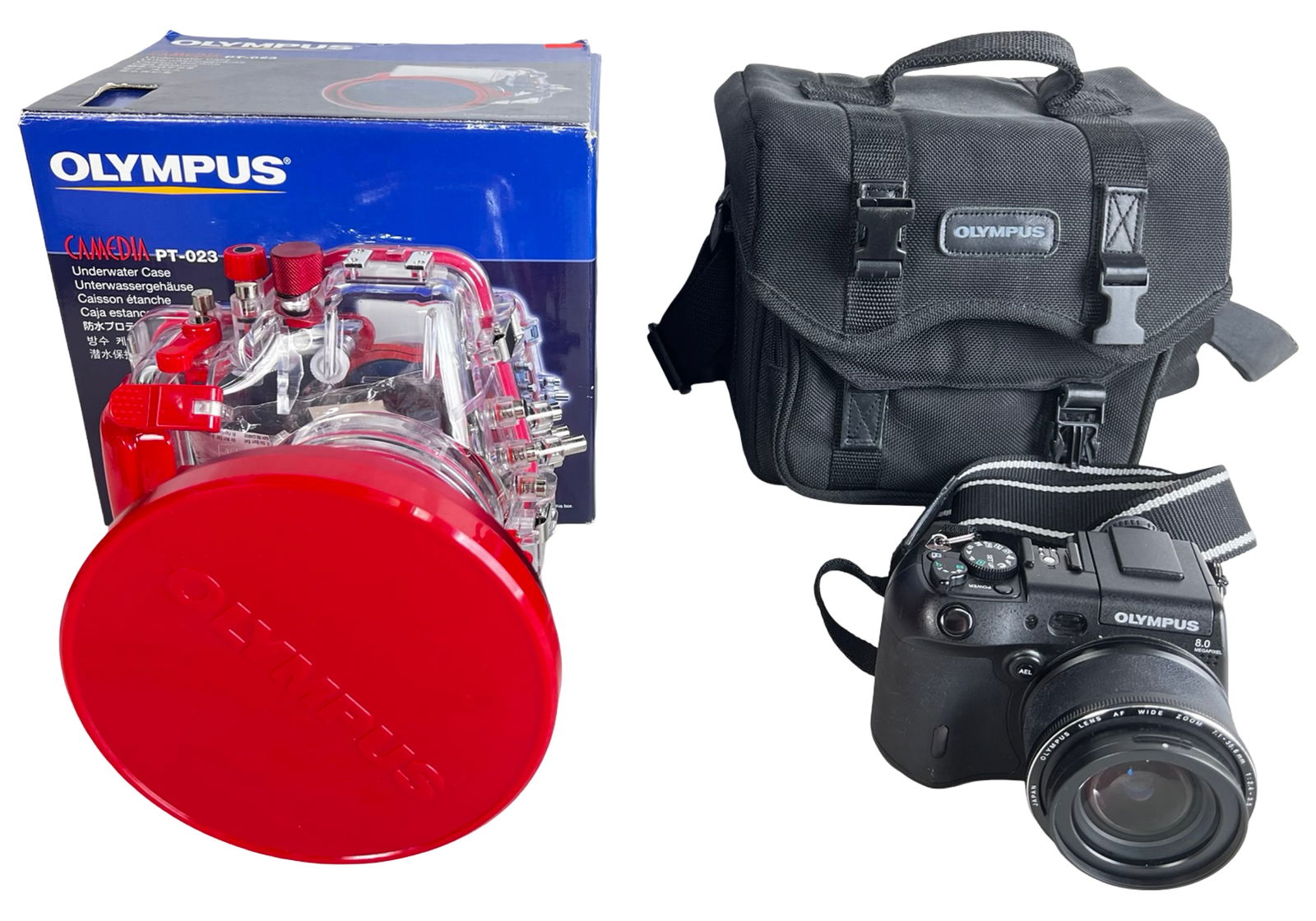 Olympus C-8080 Digital Camera & PT-23 Underwater: Olympus C-8080 Wide Zoom digital camera paired with Olympus PT-23 underwater case, offered as a complete bundle. The C-8080 features an 8.0 megapixel sensor and high-quality Olympus wide zoom lens, ma