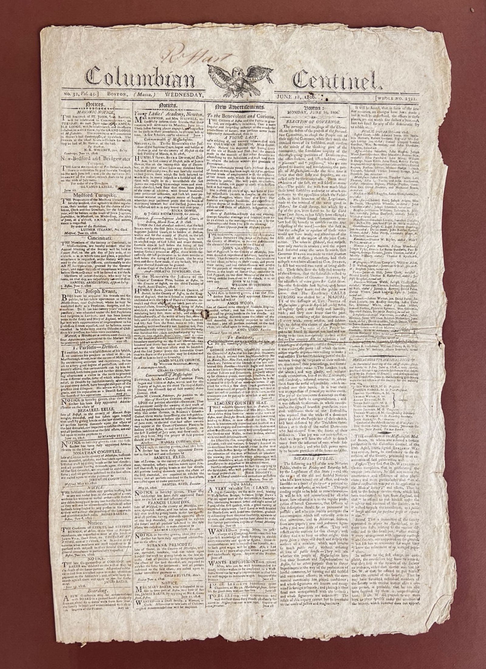 1806 Columbian Centinel Boston Newspaper (1 of 4)