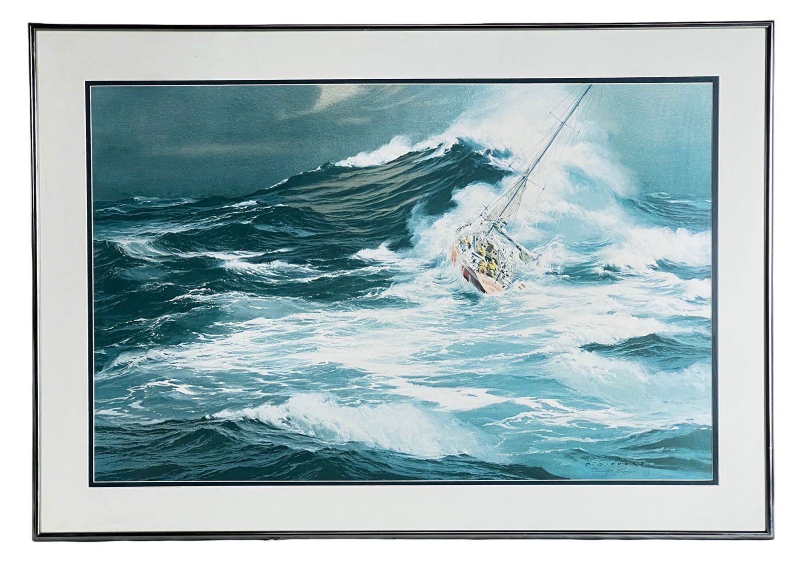 Carl G. Evers - Ocean Storm Signed LE Lithograph: Striking limited edition lithograph titled "Force Ten Survivor" by acclaimed maritime artist Carl G. Evers. This dramatic composition captures the raw power of the sea, depicting a resilient vessel ba