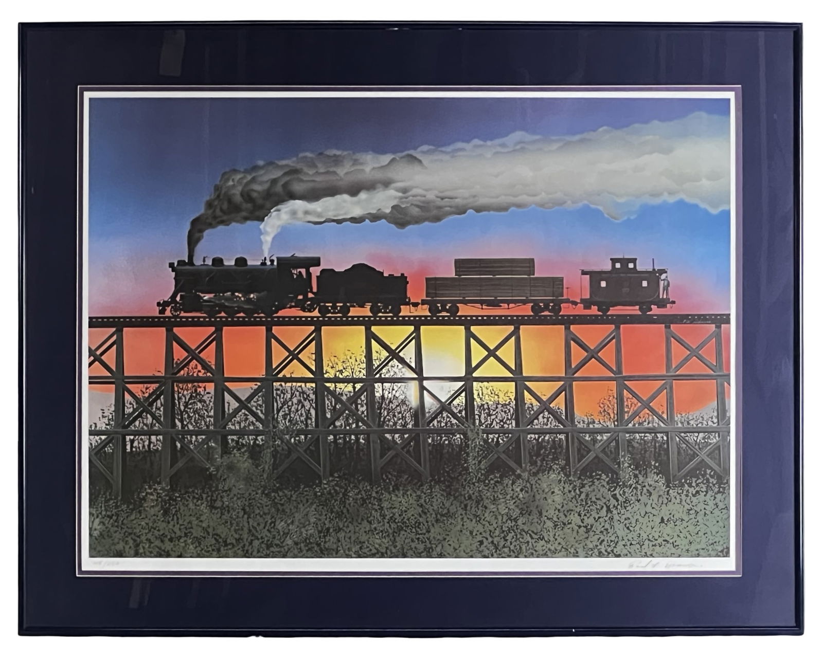 Paul H. Adams "Maryland Pennsylvania" Signed Litho: Limited edition lithograph titled "Maryland Pennsylvania" by American artist Paul H. Adams. This atmospheric composition depicts a steam locomotive crossing a high trestle bridge at sunset, its billow