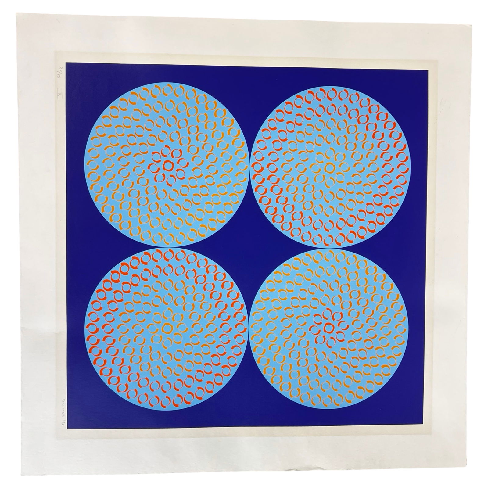 Sue Gollifer Opticals Op Art Geometric Screenprint: Bold Op Art screenprint titled "Opticals" by British artist Sue Gollifer. This visually striking geometric composition features four circular fields composed of repeating crescent forms in vibrant ora