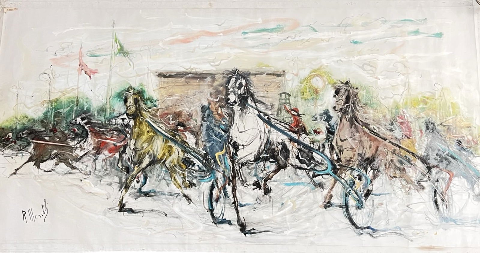 Roberto Merelli Monumental Horse Racing Painting: Roberto Merelli presents a powerful and dynamic equestrian composition capturing the intensity of harness racing in full stride. Executed in vigorous, gestural brushwork, the scene pulses with