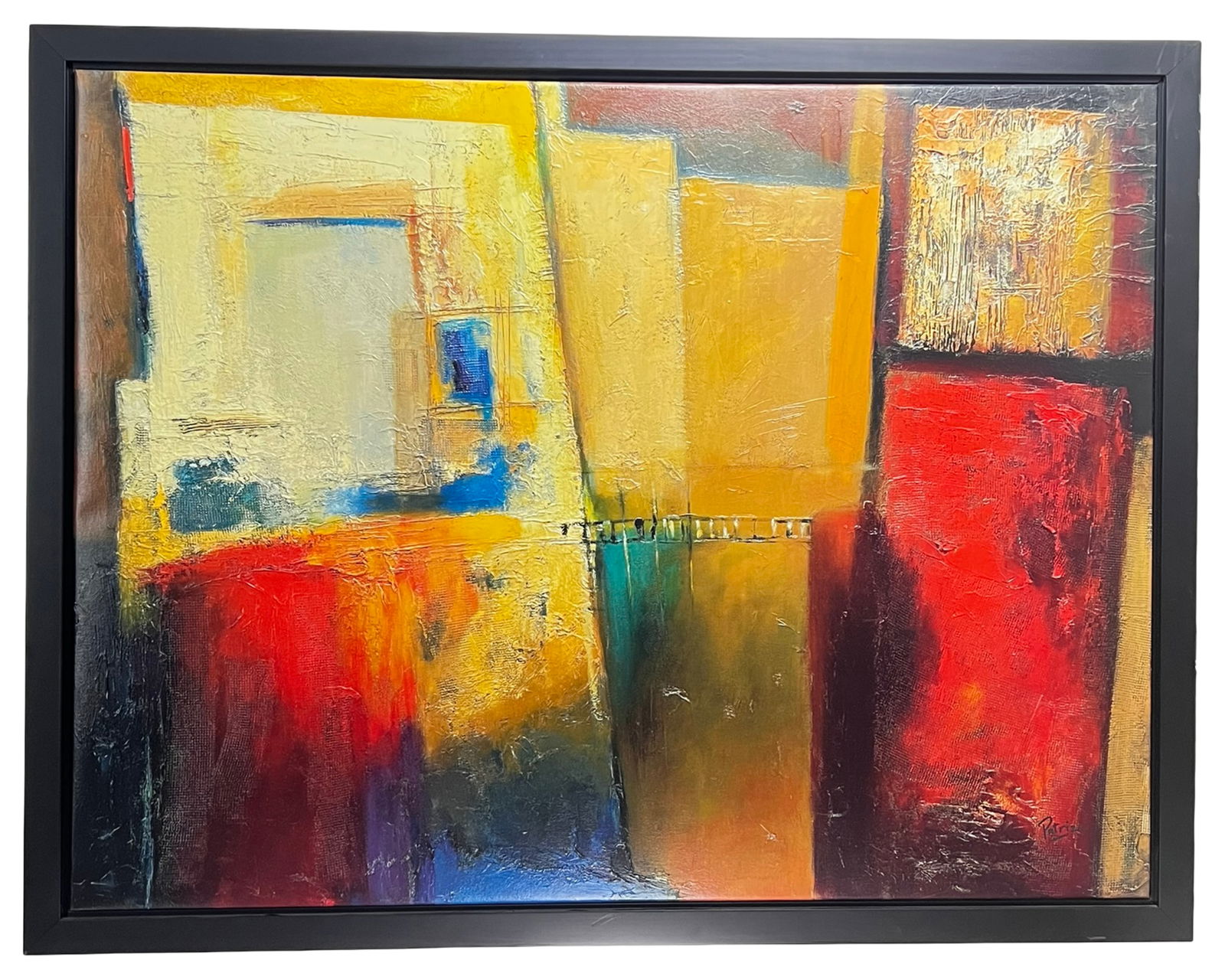 After Michele Patrizio Abstract Embellished Print: Large-scale contemporary abstract work created after Canadian artist Michele Patrizio. This embellished print on canvas features bold geometric blocks of crimson red, golden yellow, ochre, blue, and