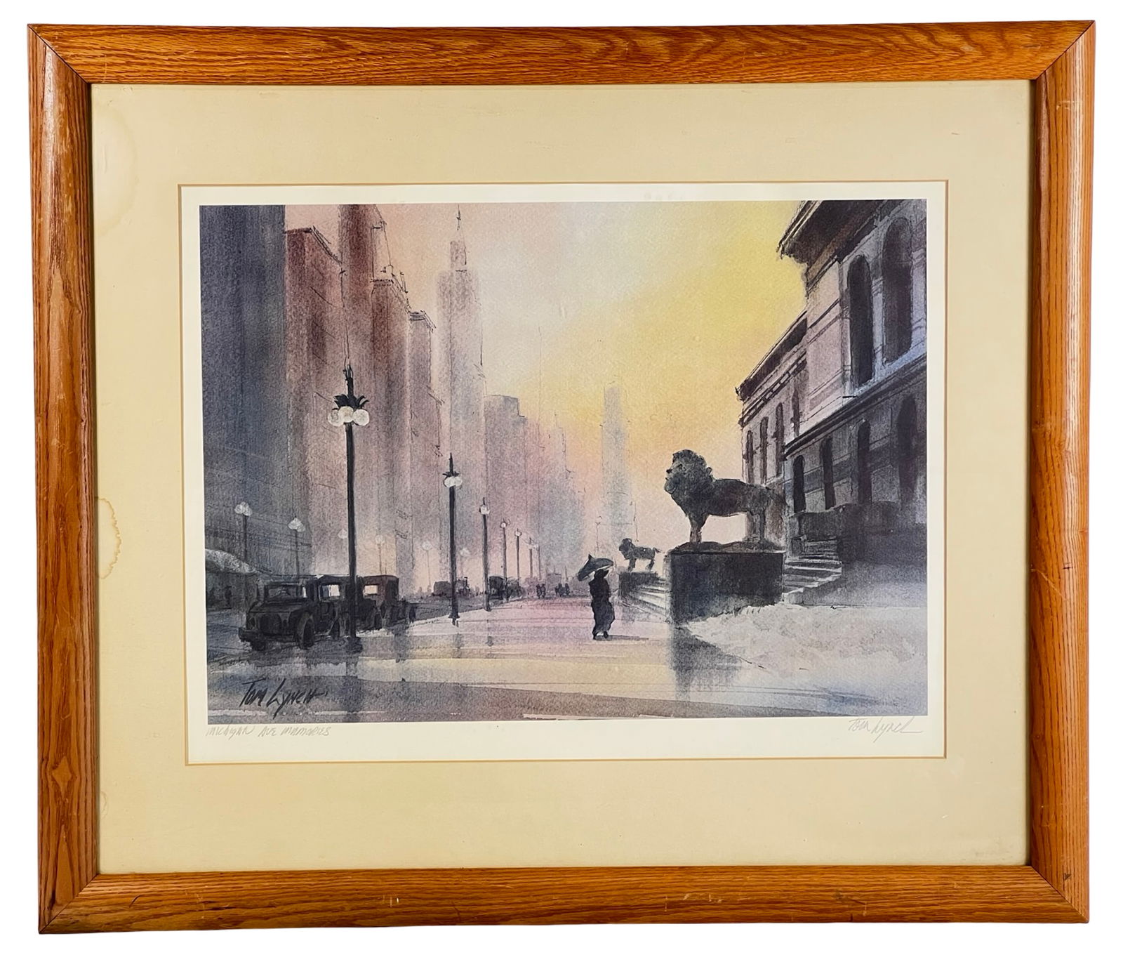 Tom Lynch "Michigan Avenue Memories" Signed Print: Hand-signed print titled "Michigan Avenue Memories" by Tom Lynch, published in 1978. This work is reproduced from the artist's original watercolor and depicts a nostalgic Chicago streetscape along Mic