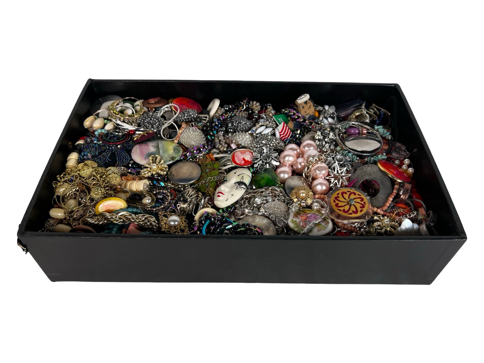 Box filled with Vintage Unsearched Costume Jewelry: Open the box to reveal a trove of vintage, unsearched costume and craft jewelry brimming with character and possibility. This assorted collection features a lively mix of colors, materials, and styles