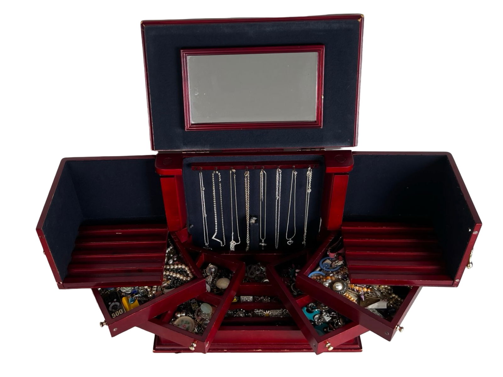 Large Jewelry Box Filled w Vintage Costume Jewelry: Unlock the secrets of the past with this large vintage jewelry box filled with unsearched treasures. Each compartment holds the promise of discovering unique pieces from bygone eras, offering a mix of
