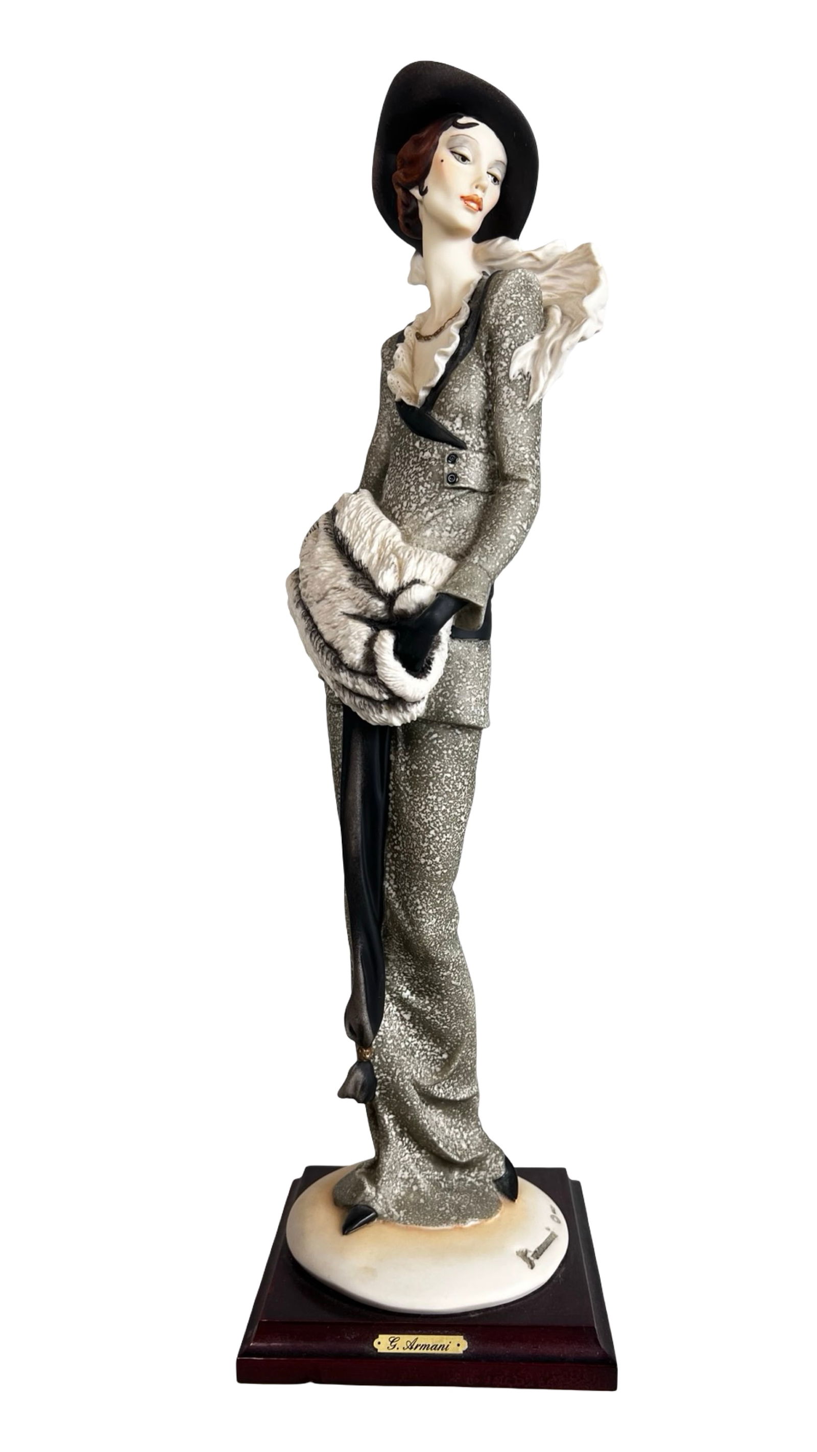 Giuseppe Armani Lady with Muff Porcelain Figurine: Elegant porcelain figurine titled "Lady with Muff" (Model 388C) by Giuseppe Armani. This refined sculpture portrays a stylish woman in early 20th-century attire, wearing a fitted textured suit with fl