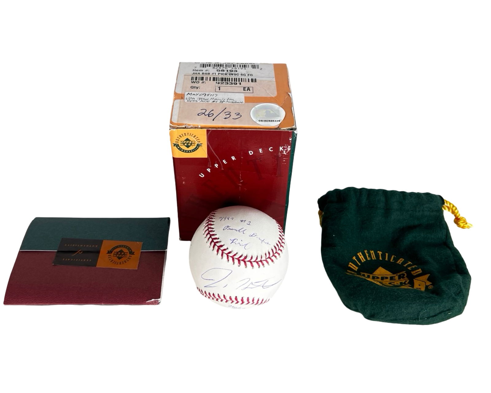 Josh Hamilton Autographed Official MLB Baseball: Official Rawlings Major League Baseball signed by Josh Hamilton in blue ink. Ball is hand-numbered 26/33 and inscribed "'99 #1 Overall Draft Pick," referencing his first overall selection in the 1999